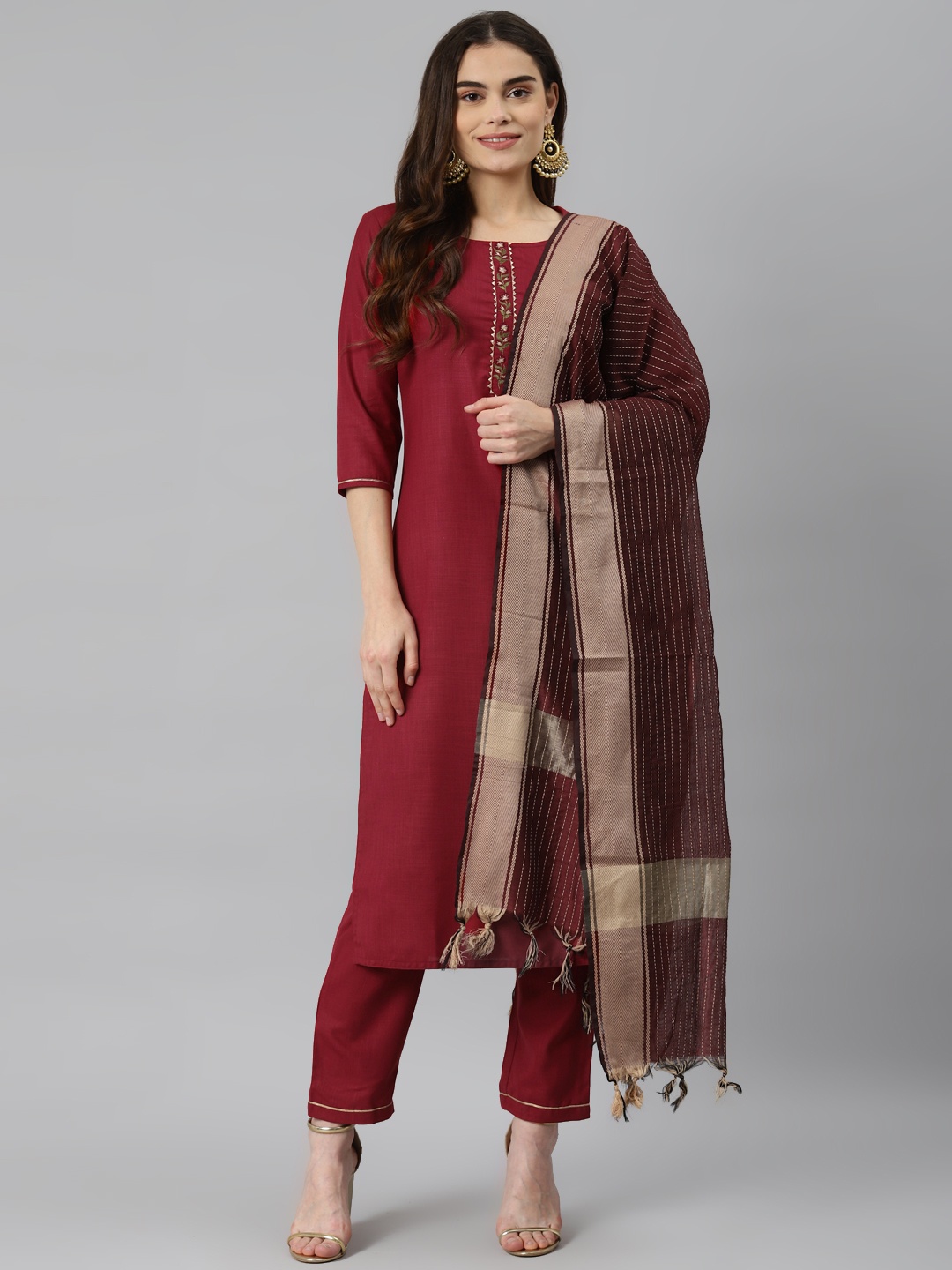 

Nirkhi Women Maroon Embroidered Pure Cotton Kurta with Trousers & Dupatta