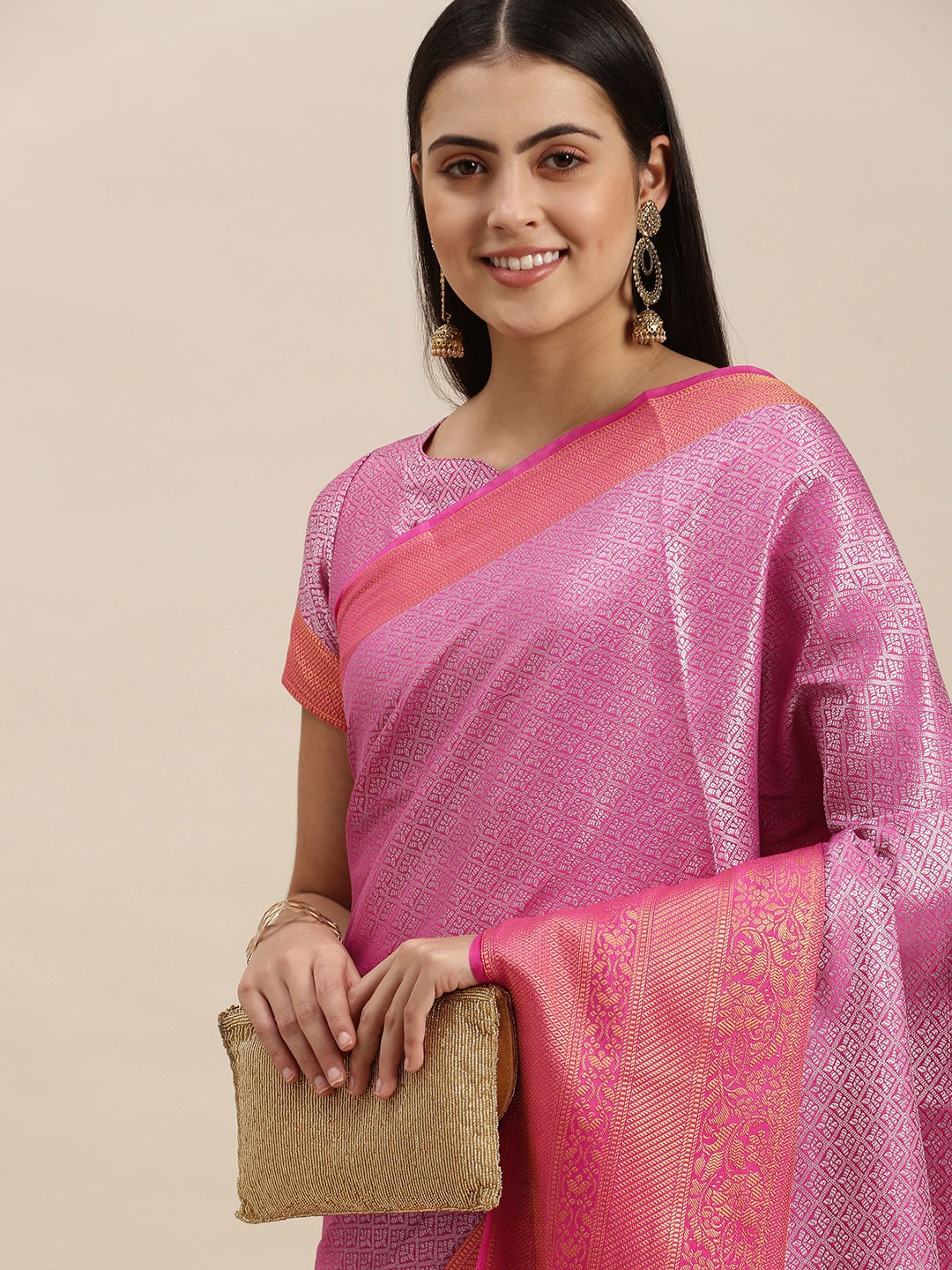 

SWAGG INDIA Pink & Silver Solid Zari Brocade Banarasi Saree, Fuchsia