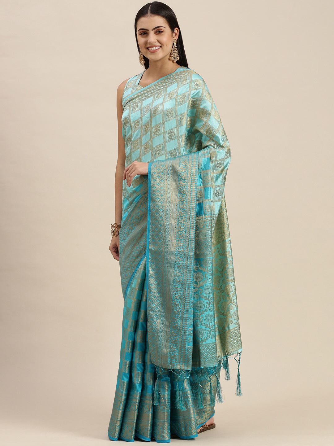 

SWAGG INDIA Blue & Gold Ethnic Motifs Zari Brocade Banarasi Saree
