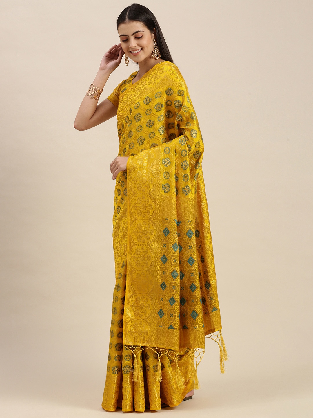 

SWAGG INDIA Mustard Yellow & Teal Blue Ethnic Motifs Zari Brocade Banarasi Saree