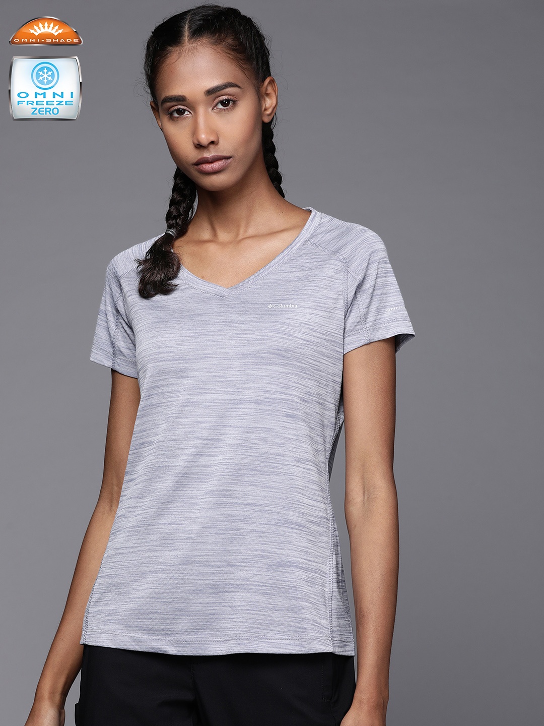 

Columbia Women Blue V-Neck Omni-Shade & Omni-Freeze Zero Hiking T-shirt