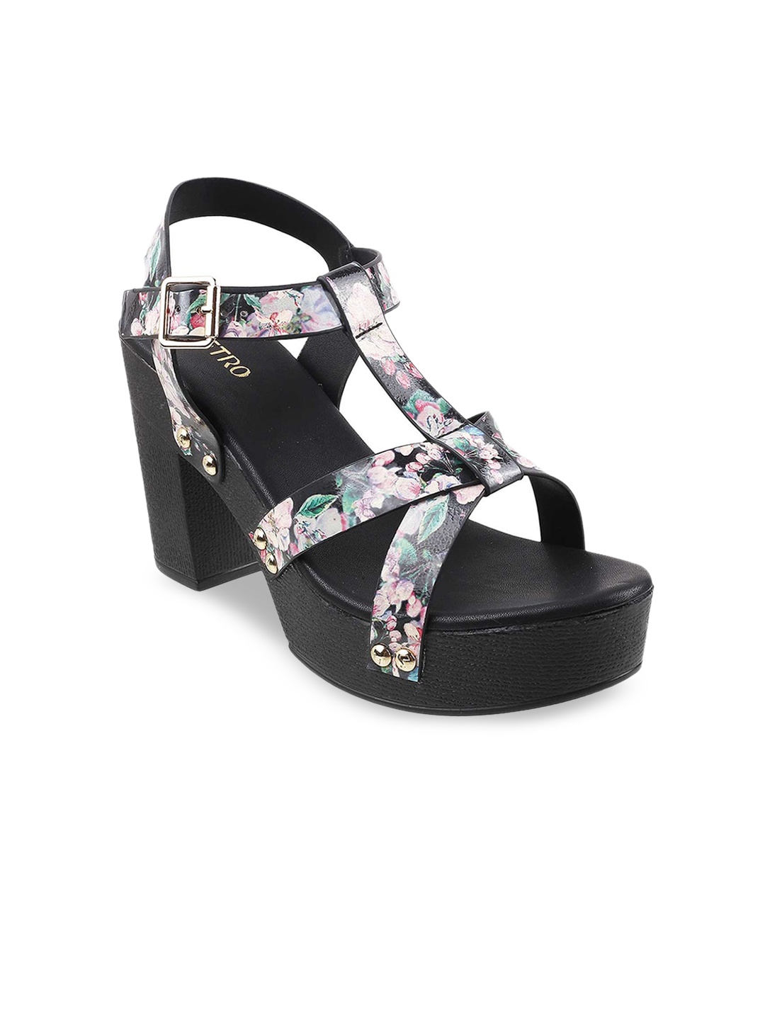 

Metro Black & Pink Floral Printed Block Heels