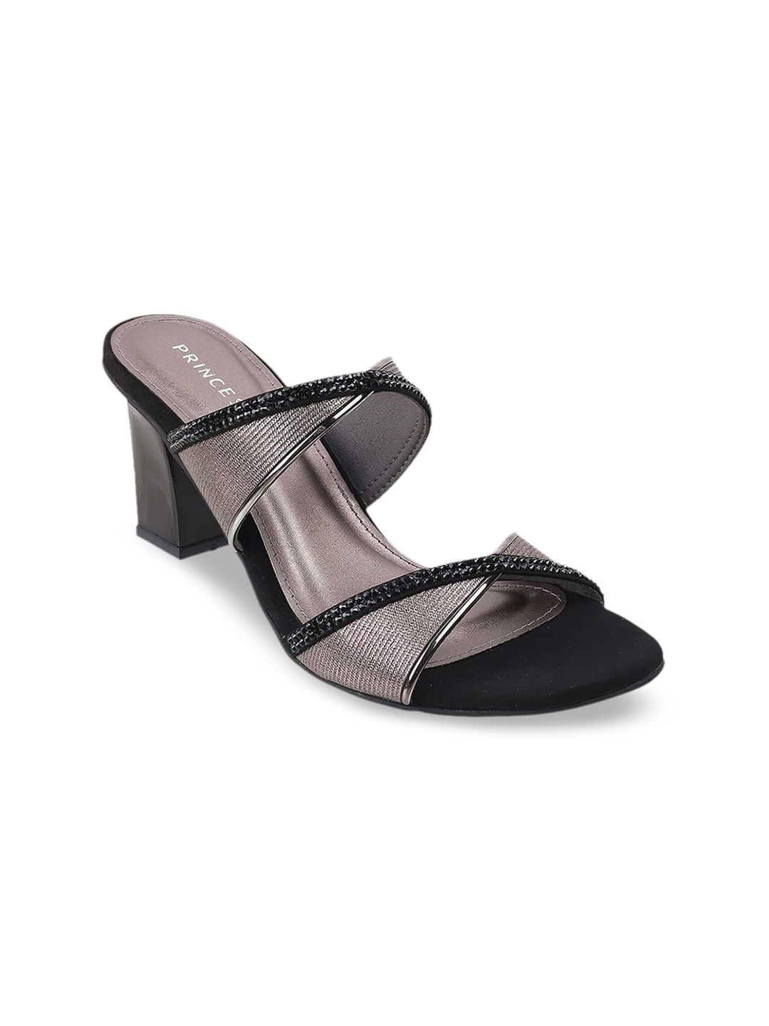 

Metro Black & Silver-Toned Embellished Block Mules