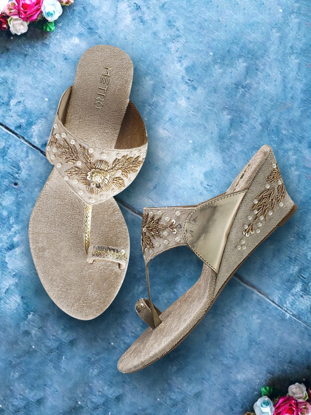 

Metro Gold-Toned Embellished Ethnic Wedge Sandals