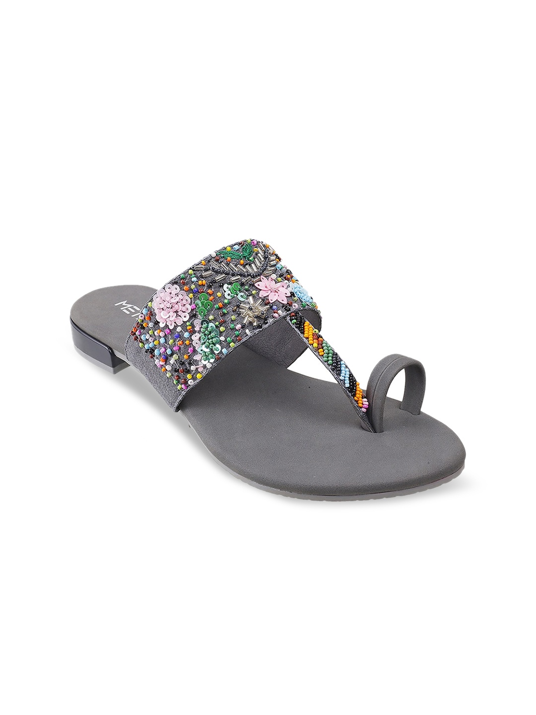 

Metro Women Grey Embellished Leather Ethnic Slip On One Toe Flats