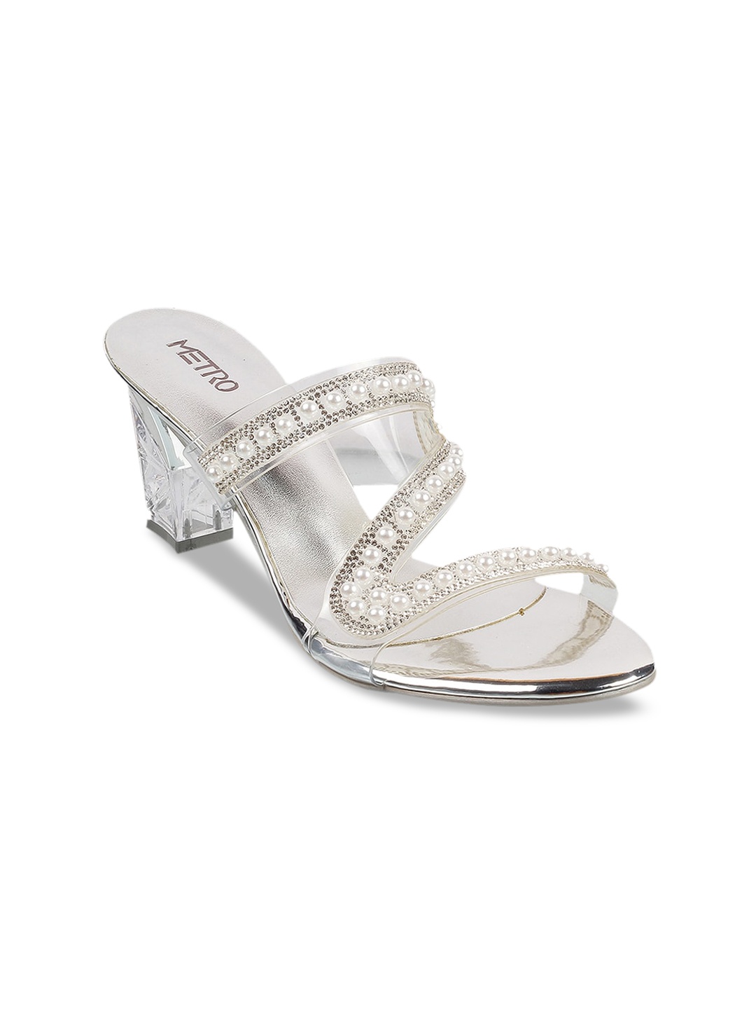 

Metro Silver-Toned & White Embellished Block Sandals