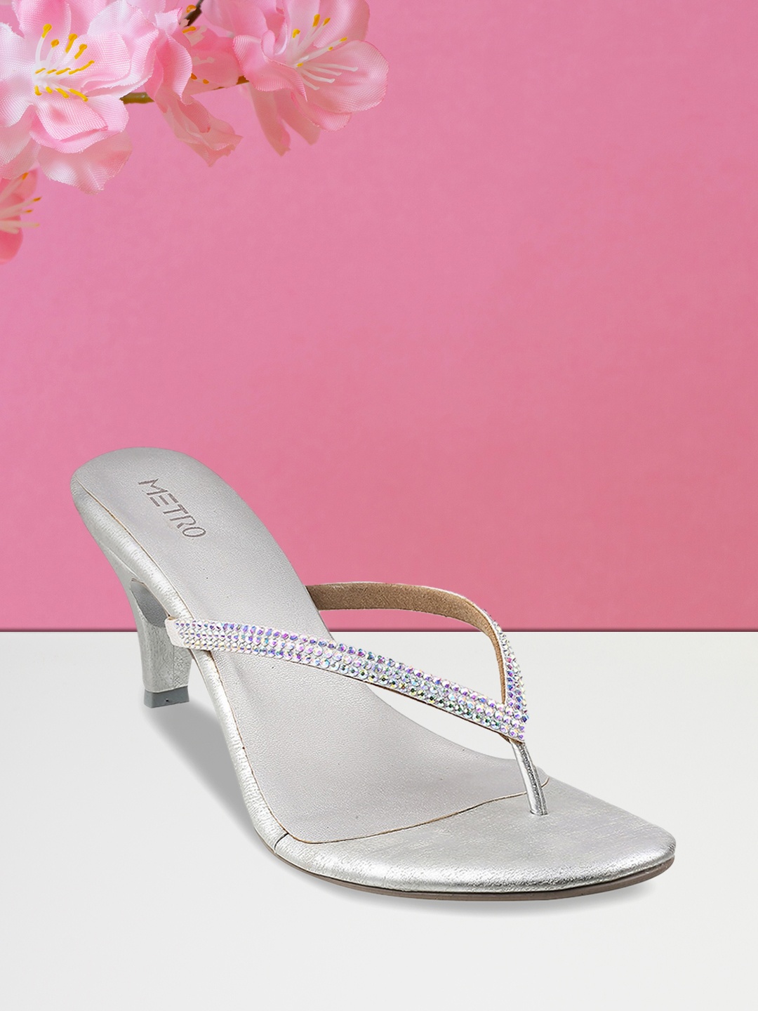 

Metro Silver-Toned Embellished Kitten Sandals