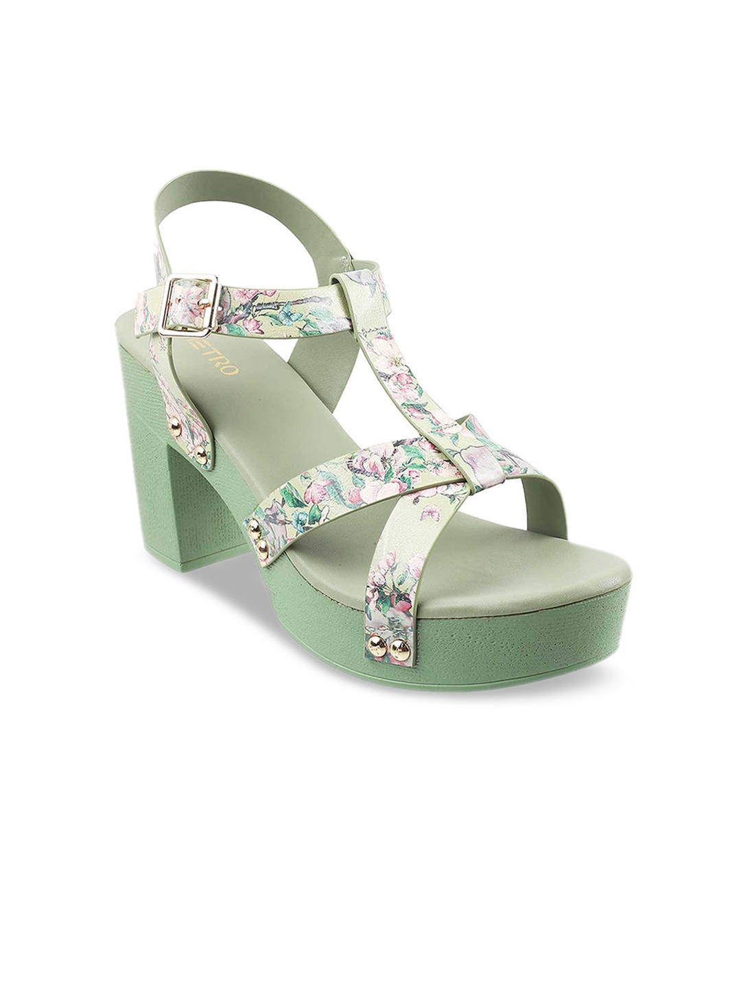 

Metro Green Printed Block Sandal Heels with Buckles