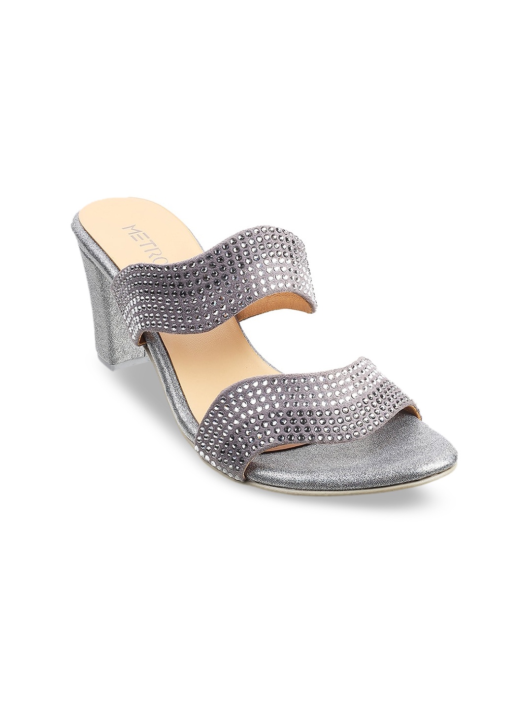 

Metro Silver-Toned Embellished Block Mules