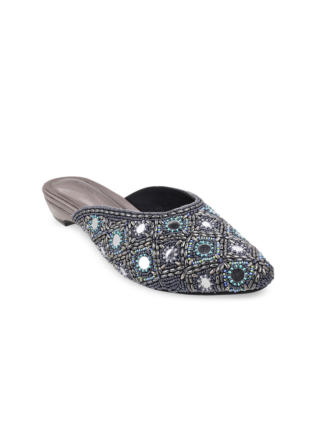 

Metro Women Grey Embellished Mirror Work Block Mules