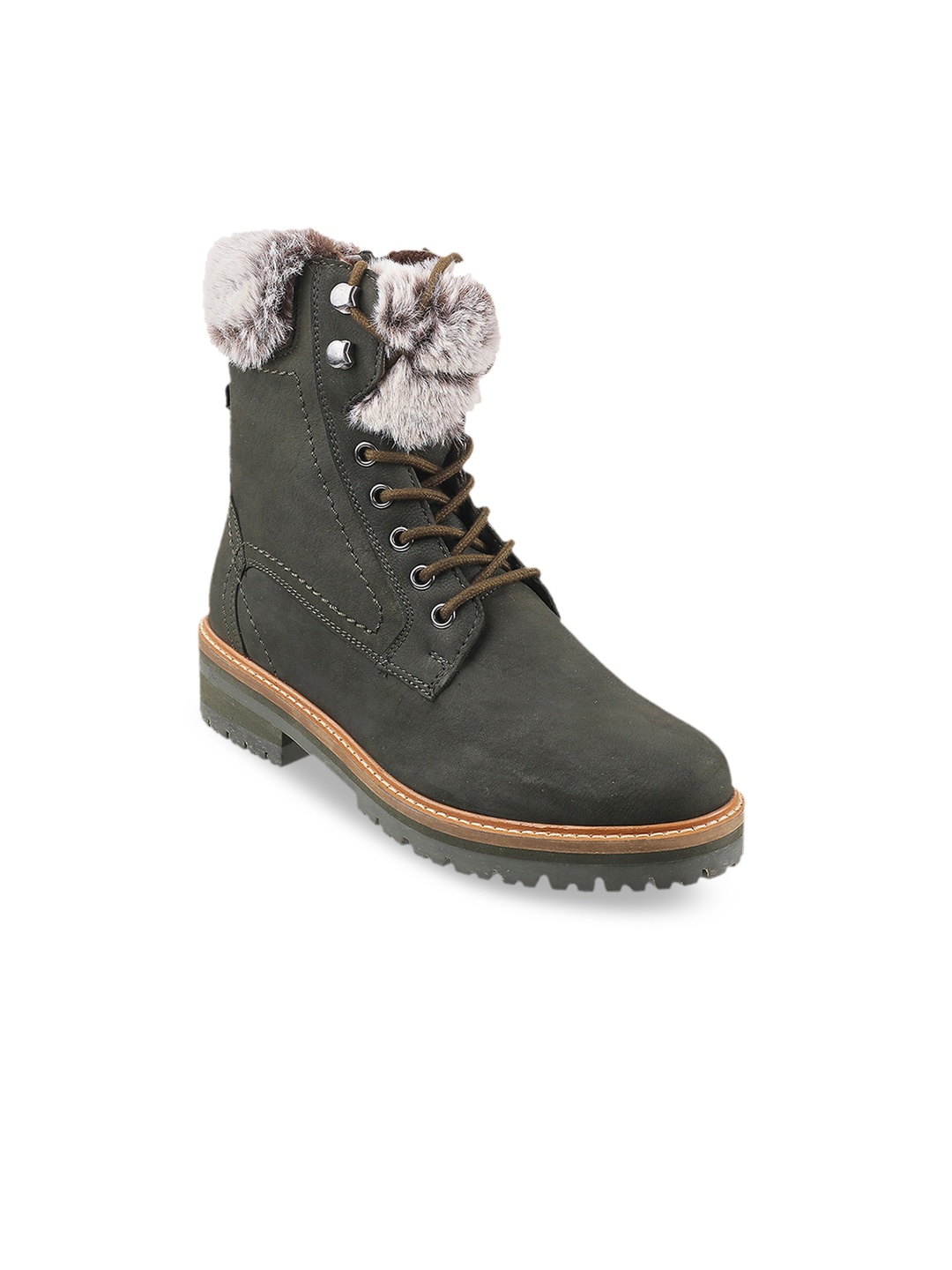 

Metro Olive Green Suede Block Heeled Boots With Fur