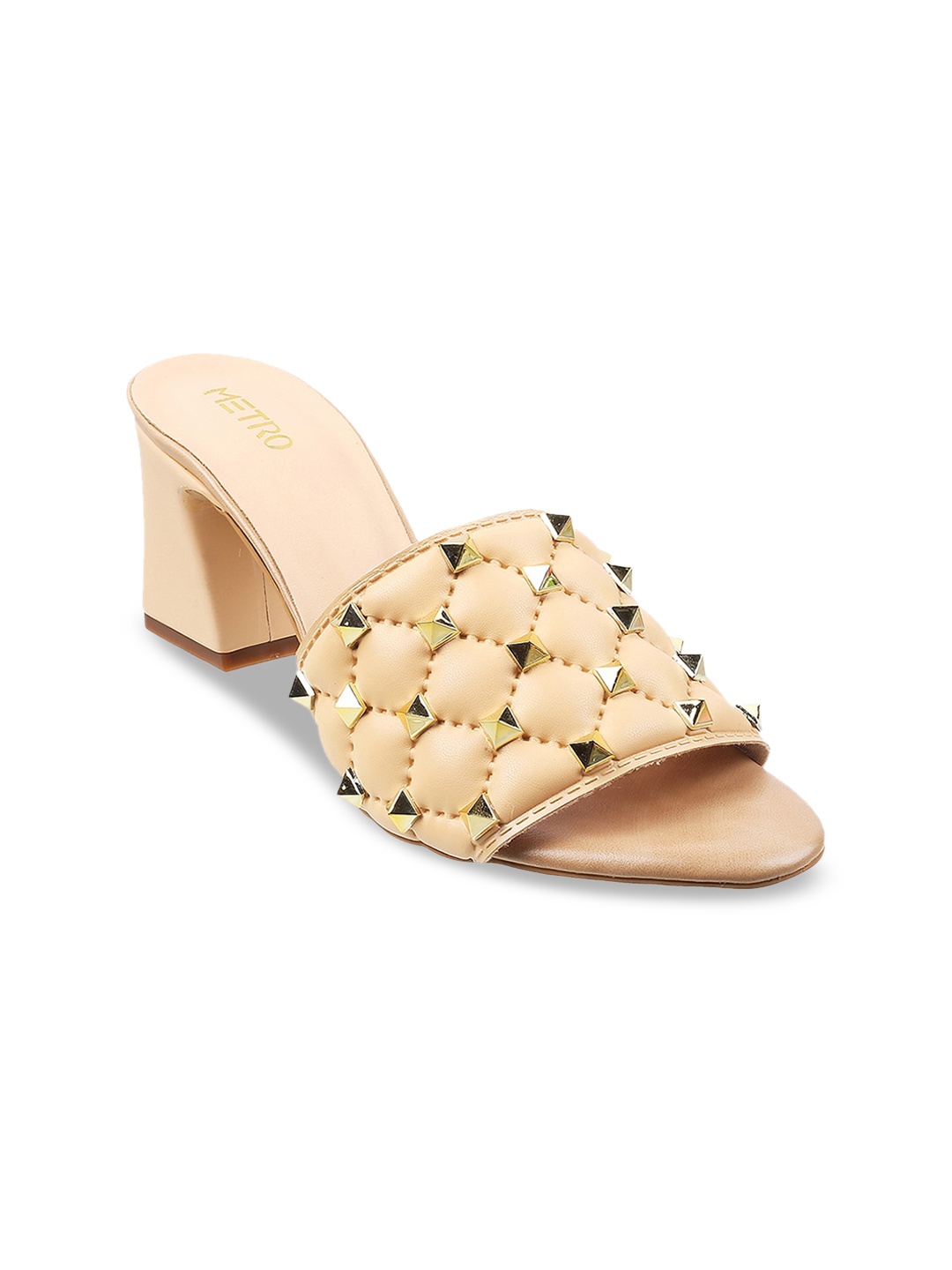 

Metro Cream-Coloured & Gold-Toned Embellished Block Mules