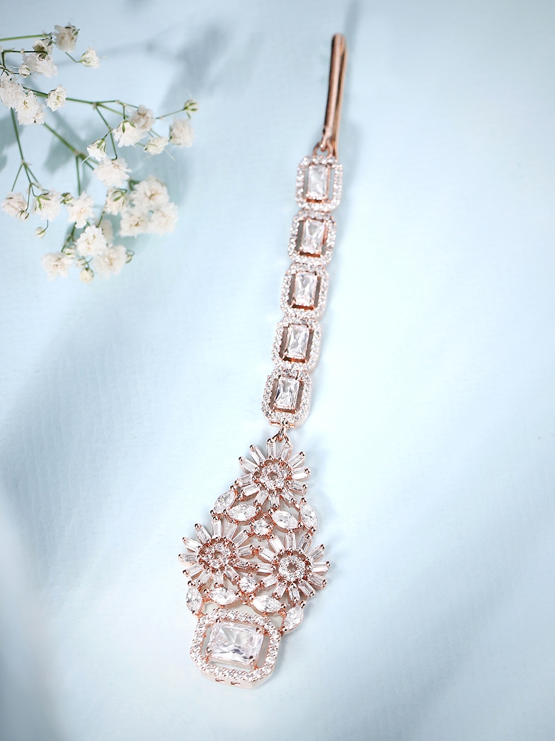 

Rubans Rose Gold-Plated White AD-Studded Maang Tikka