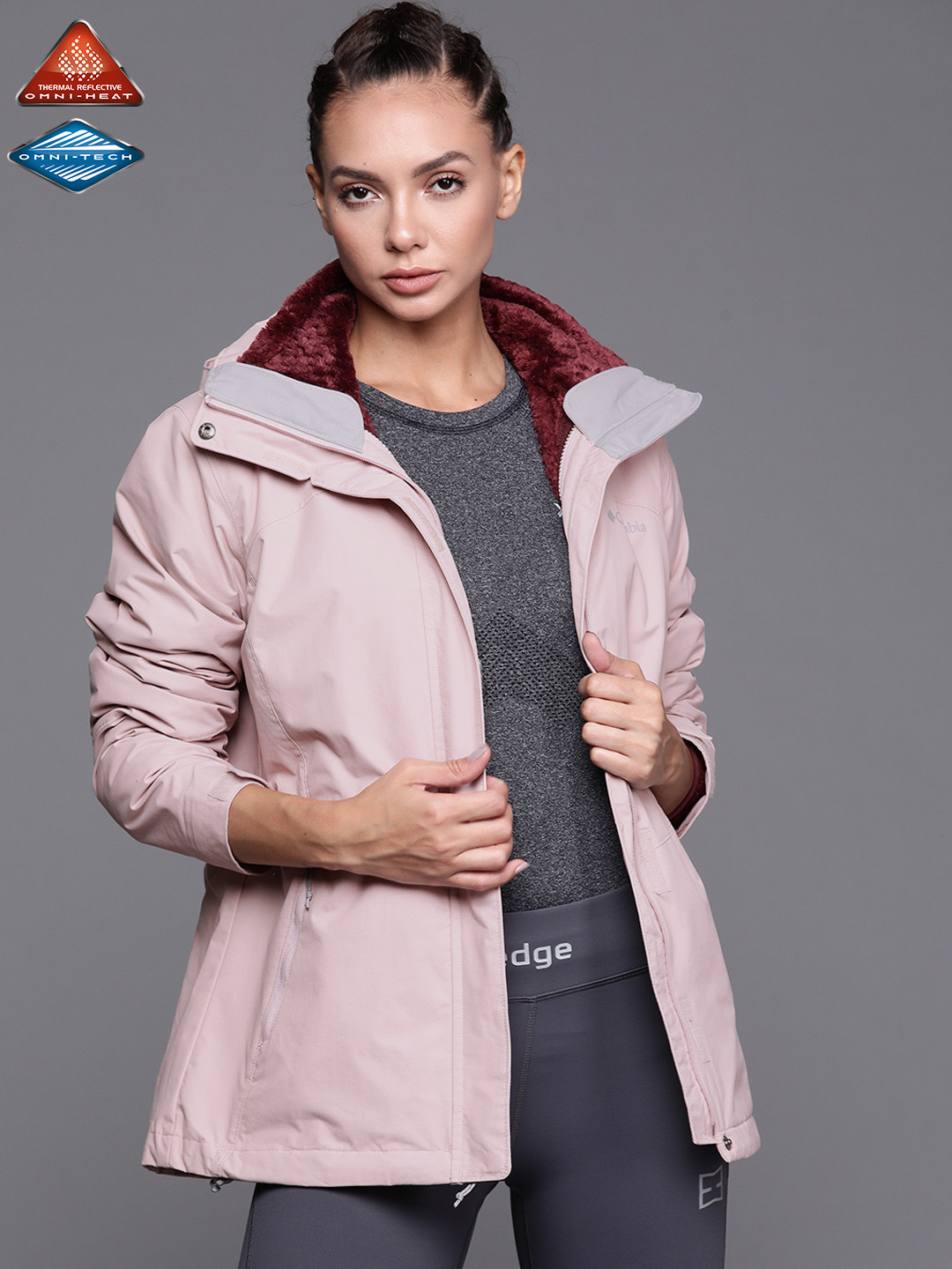 

Columbia Women Pink & Maroon Bugaboo II Reversible Omni-Heat & Omni-Tech Open Front Hiking Jacket