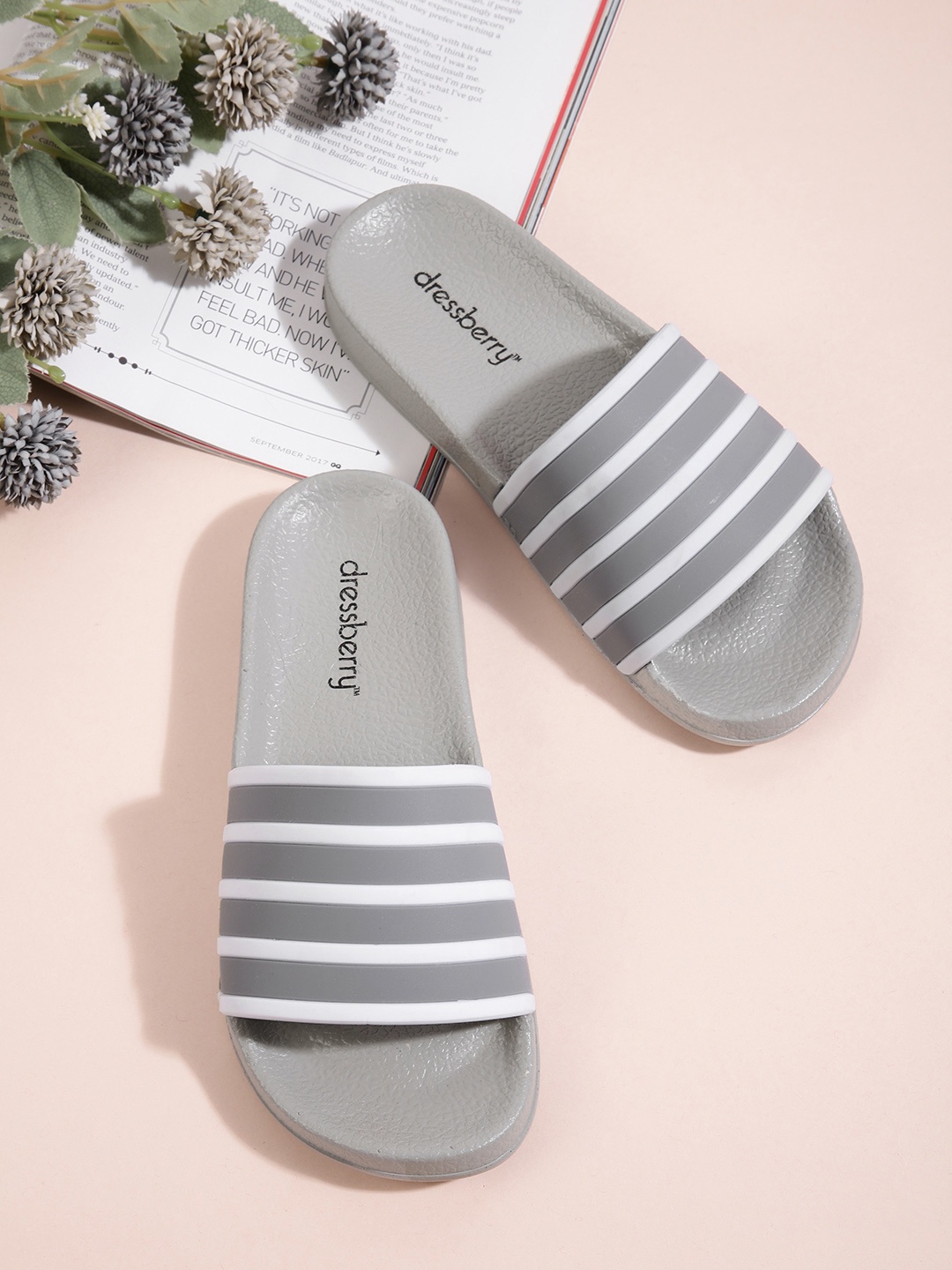 

DressBerry Women Grey & White Striped Sliders