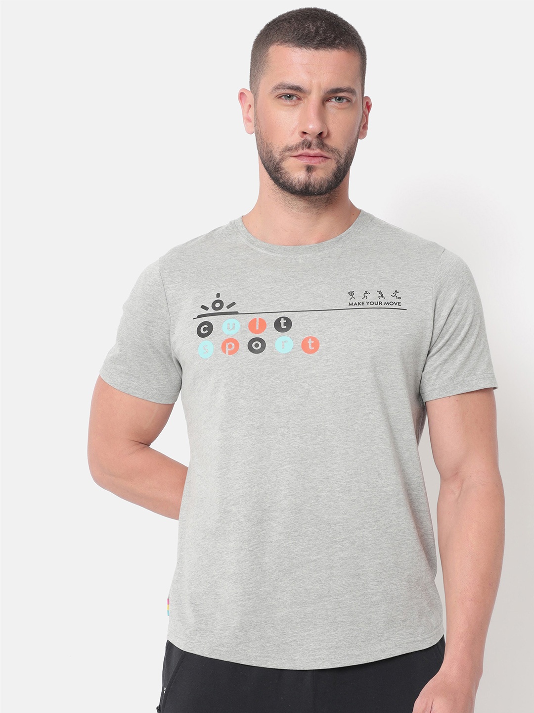 

Cultsport Men Grey Melange Printed Applique Running T-shirt