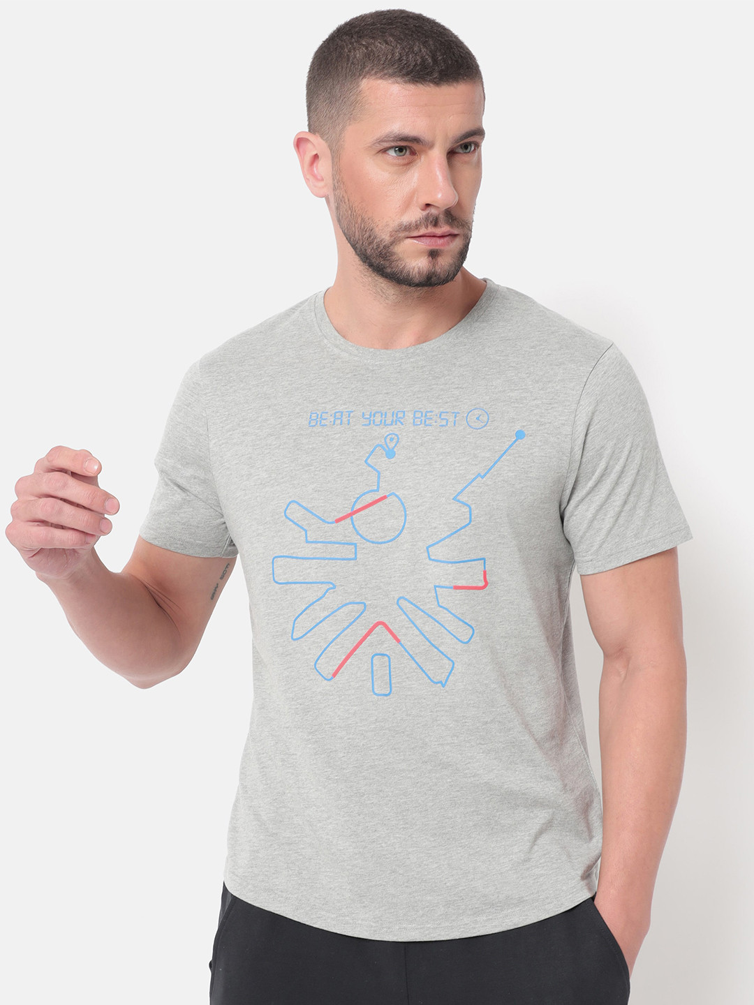 

Cultsport Men Grey Melange Brand Logo Printed Regular Fit Running T-shirt