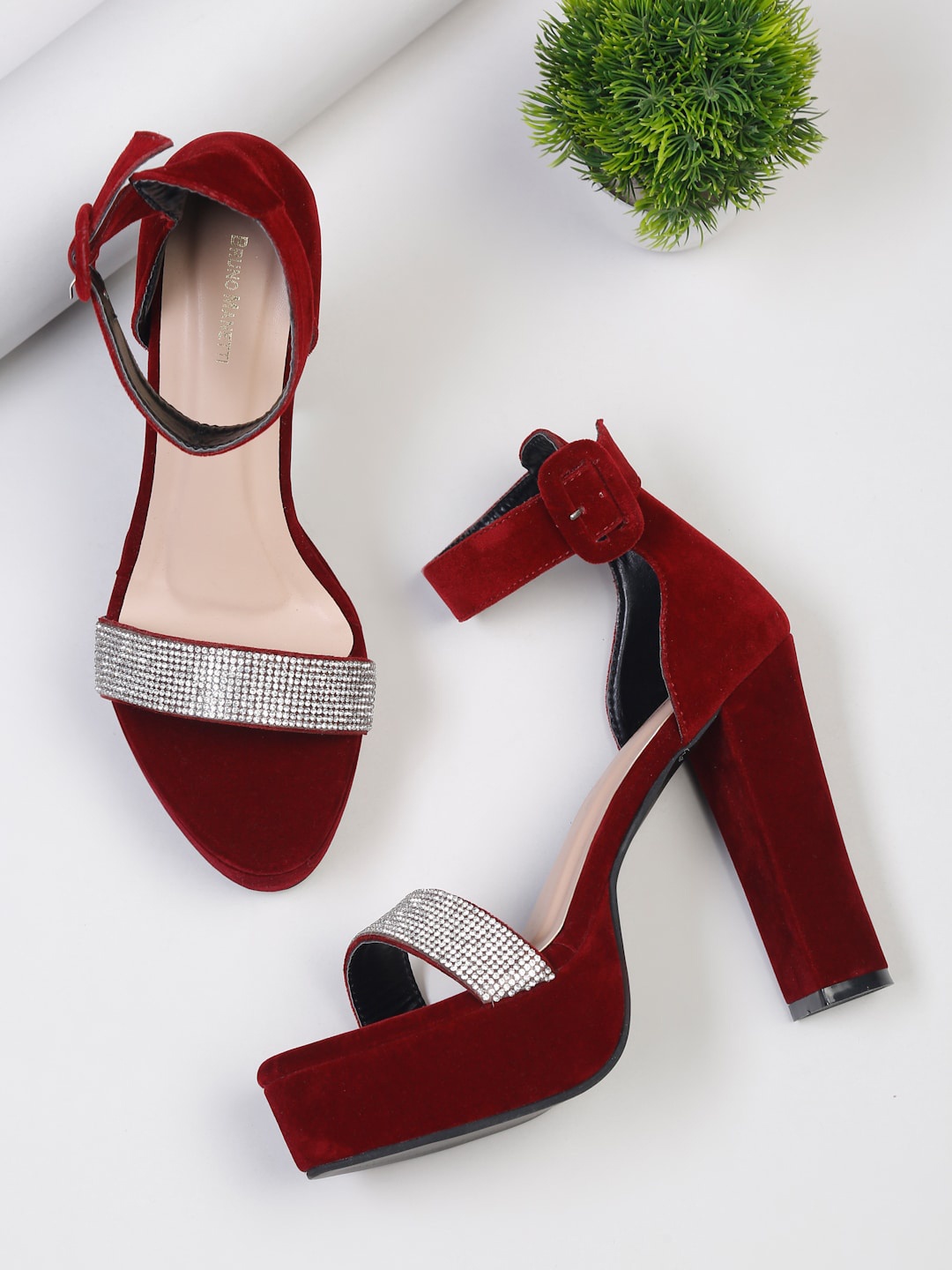 

Bruno Manetti Red Embellished Suede High-Top Block Sandals