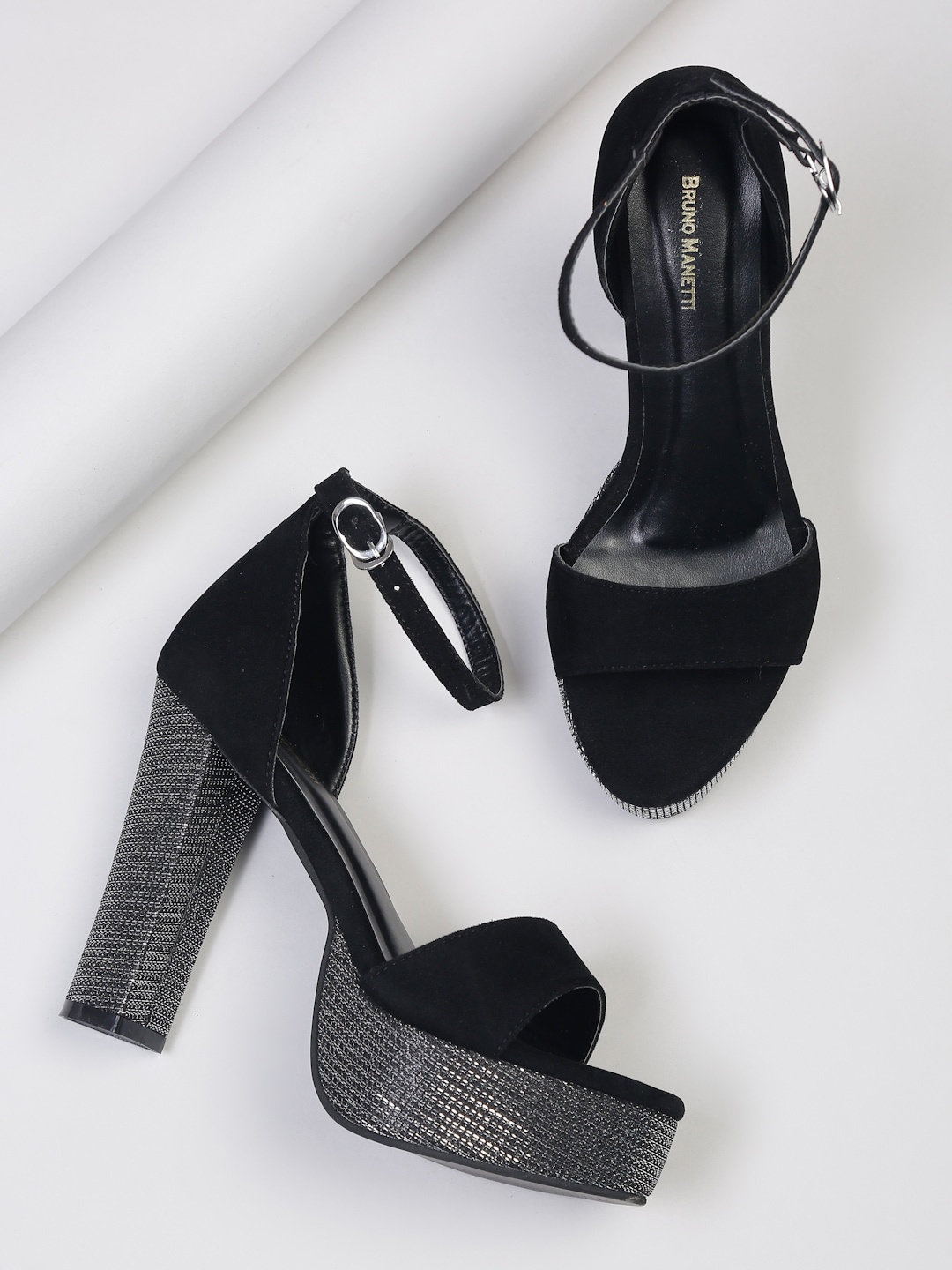 

Bruno Manetti Black Suede Platform Peep Toes with Buckles