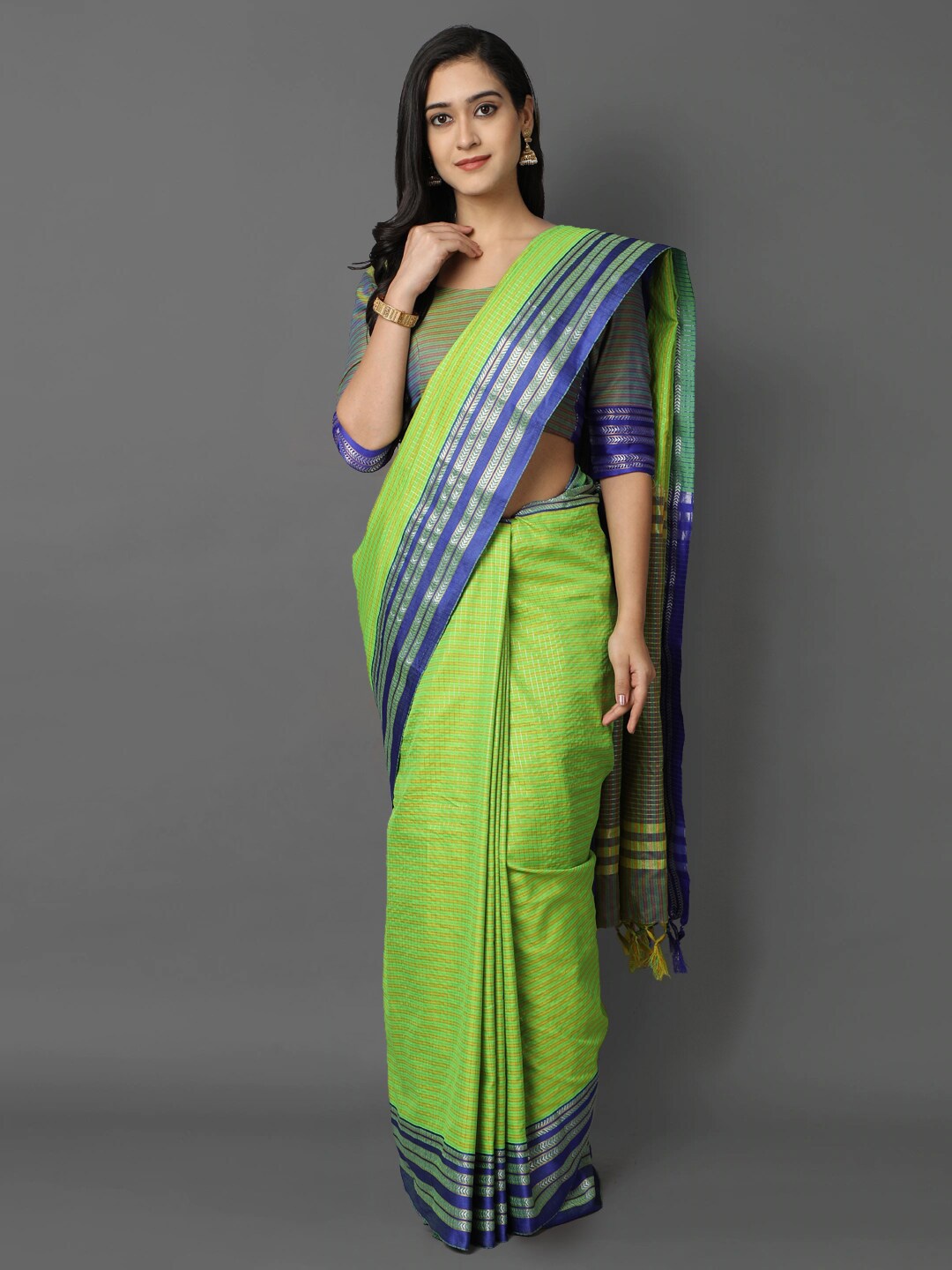 

KALINI Fluorescent Green & Blue Checked Zari Ikat Saree