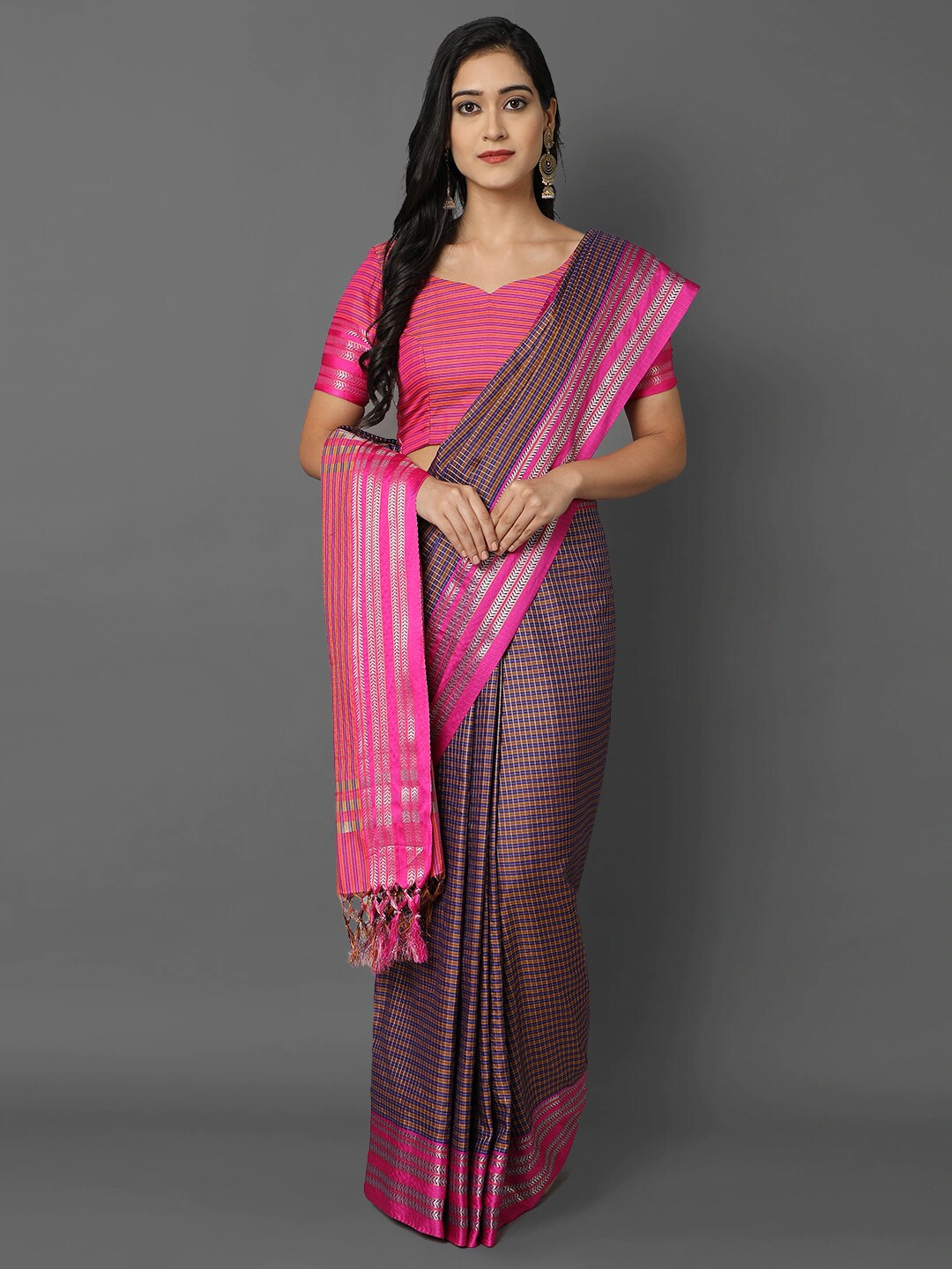 

KALINI Blue & Pink Checked Zari Saree