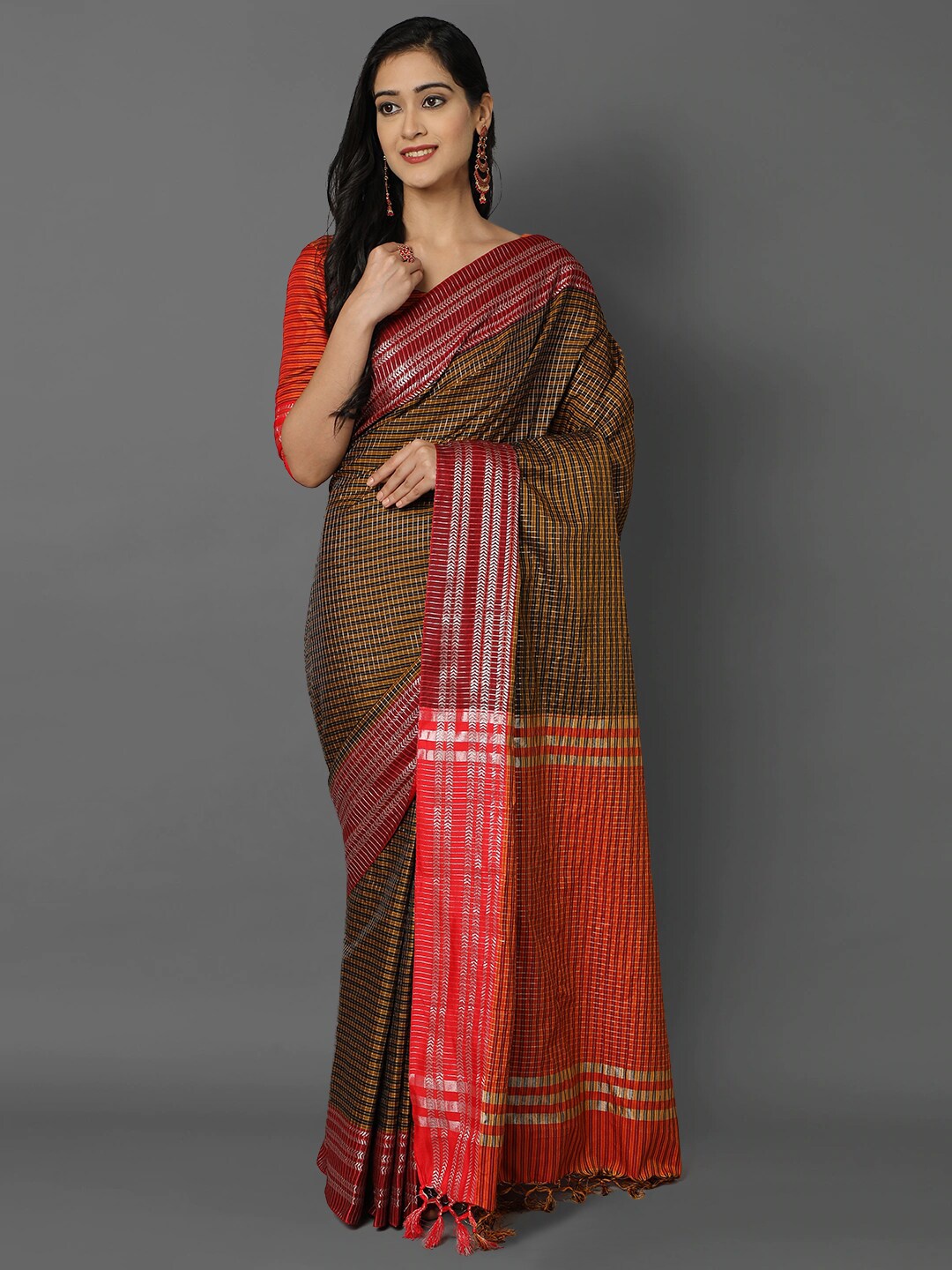 

KALINI Brown & Orange Abstract Checked Ikat Saree