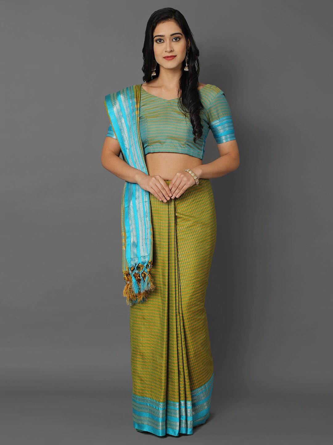 

KALINI Green & Blue Checked Zari Saree