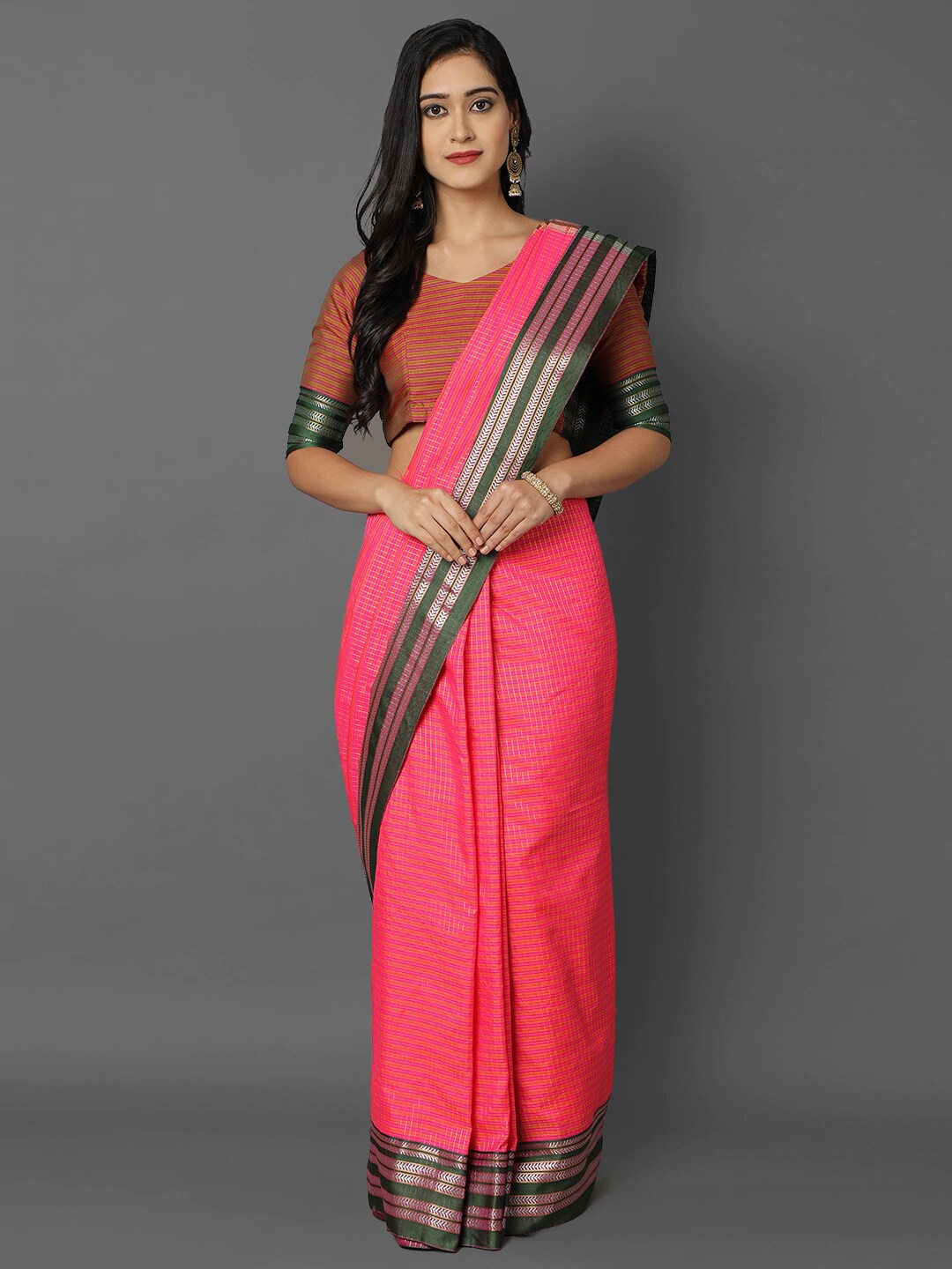 

KALINI Pink & Green Checked Zari Ikat Saree