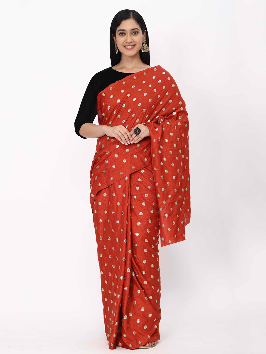 

KALINI Orange Embellished Sequinned Silk Blend Saree