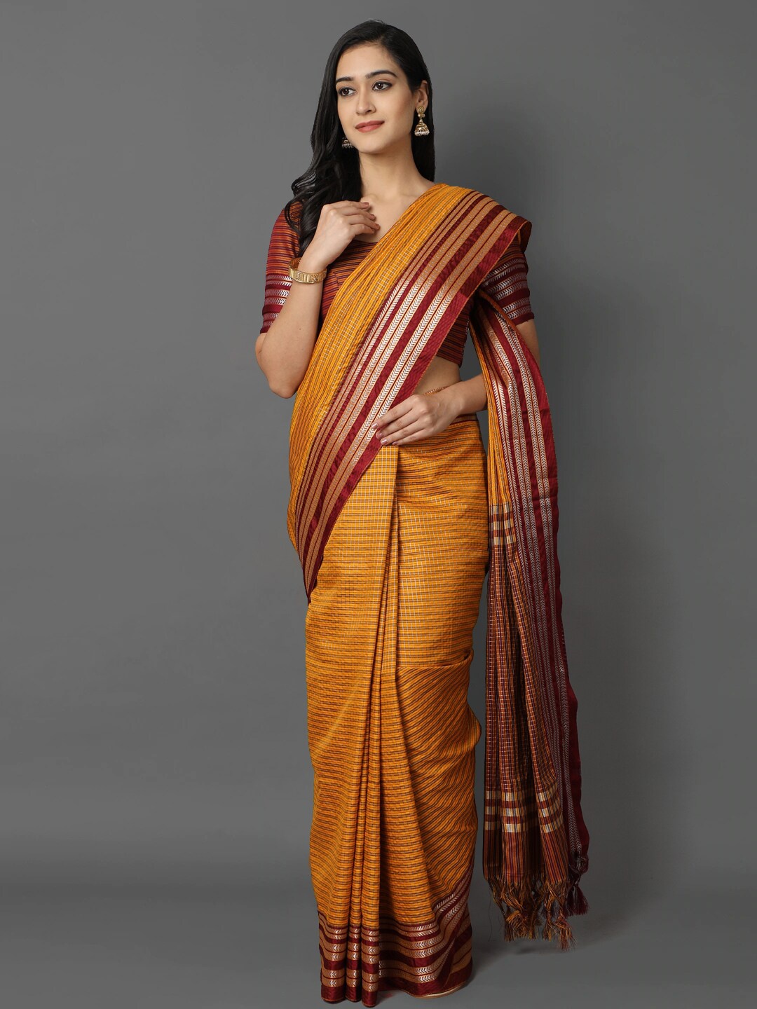 

KALINI Mustard & Maroon Checked Woven Design Ikat Saree