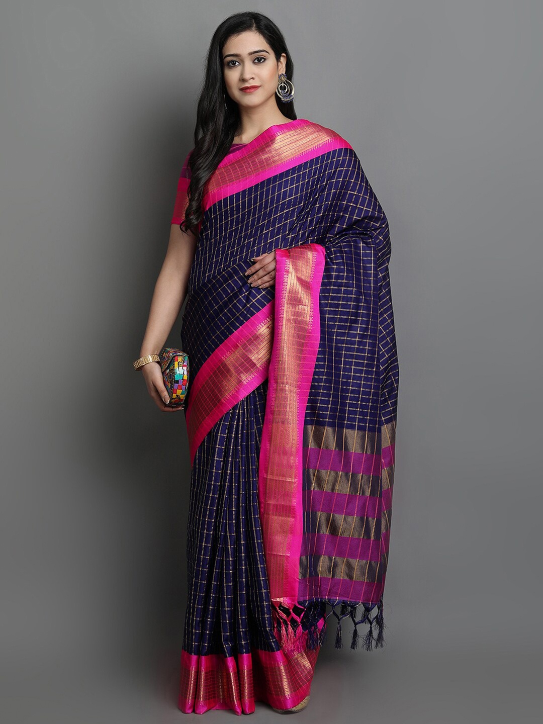 

KALINI Navy Blue & Pink Checked Zari Ikat Saree