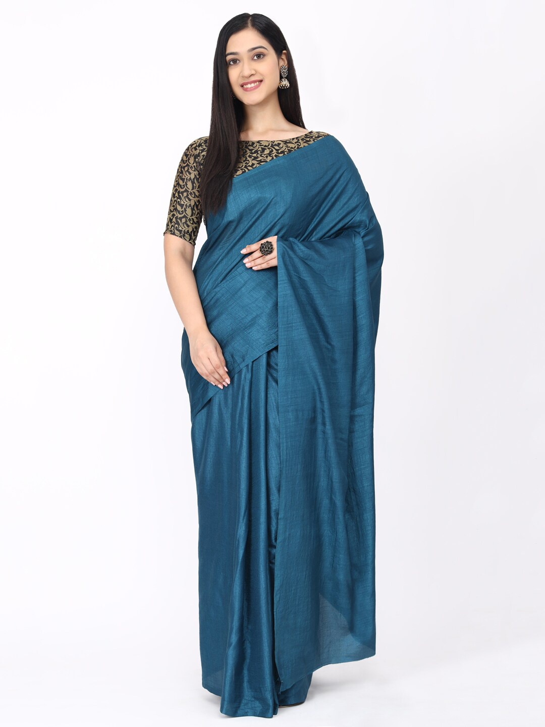 

KALINI Turquoise Blue Solid Khadi Saree