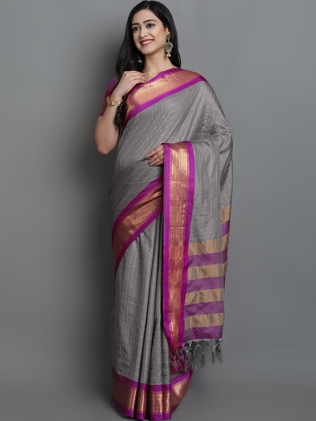 

KALINI Grey & Purple Checked Zari Ikat Saree