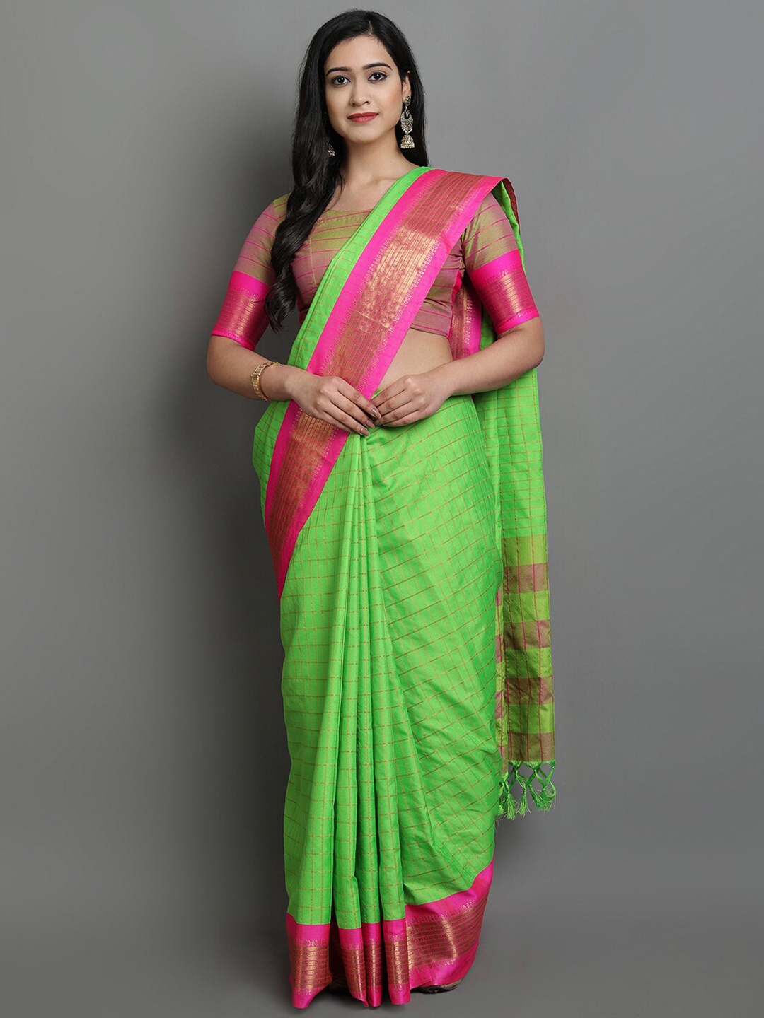 

KALINI Green & Pink Checked Zari Ikat Saree