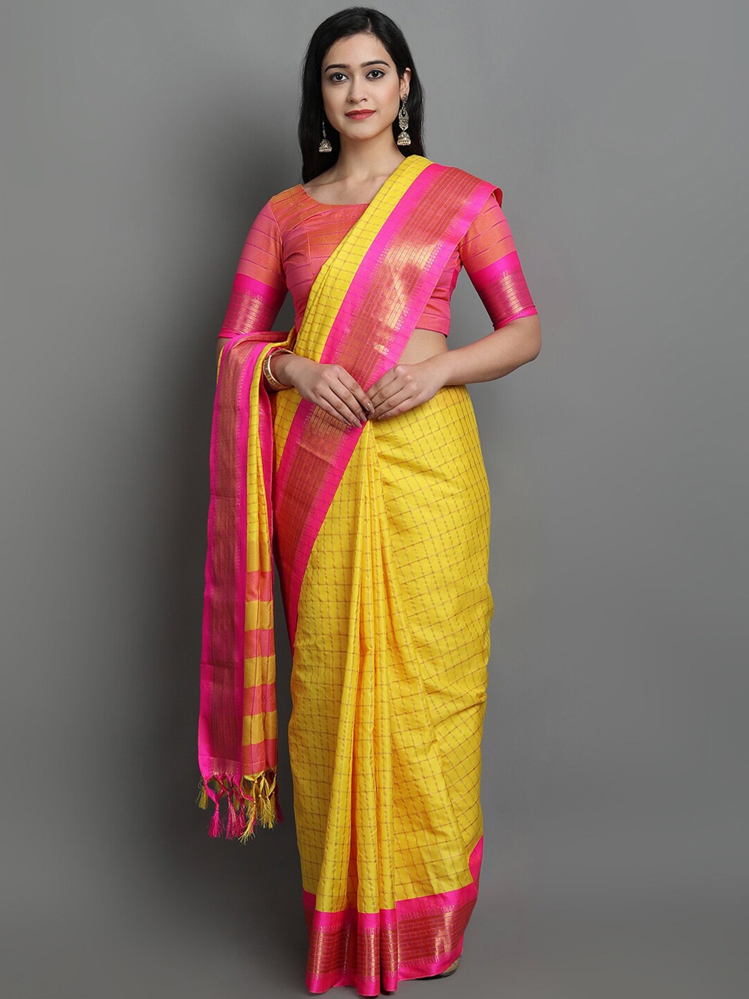 

KALINI Yellow & Magenta Checked Ikat Saree