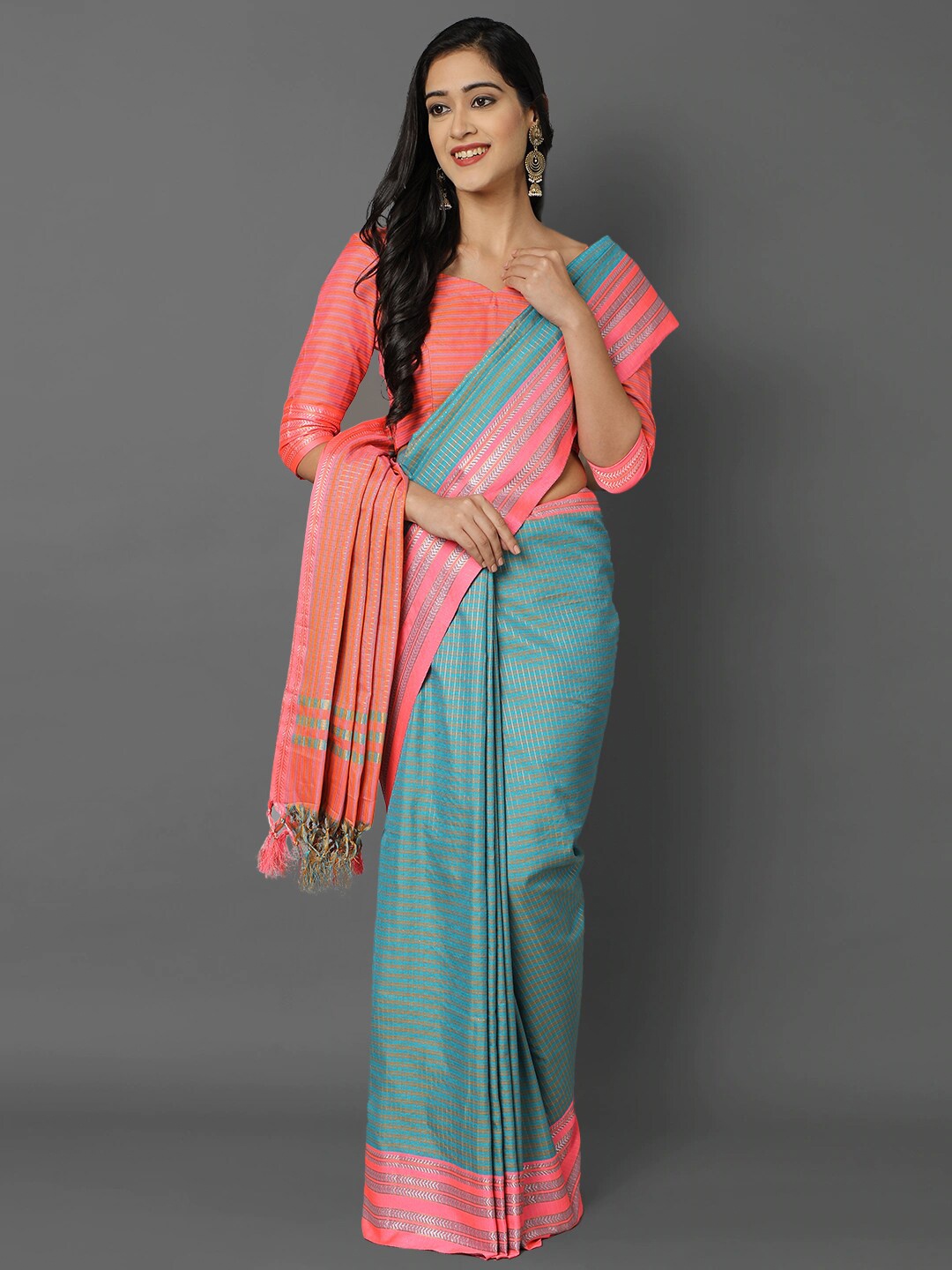 

KALINI Turquoise Blue & Pink Checked Ikat Saree