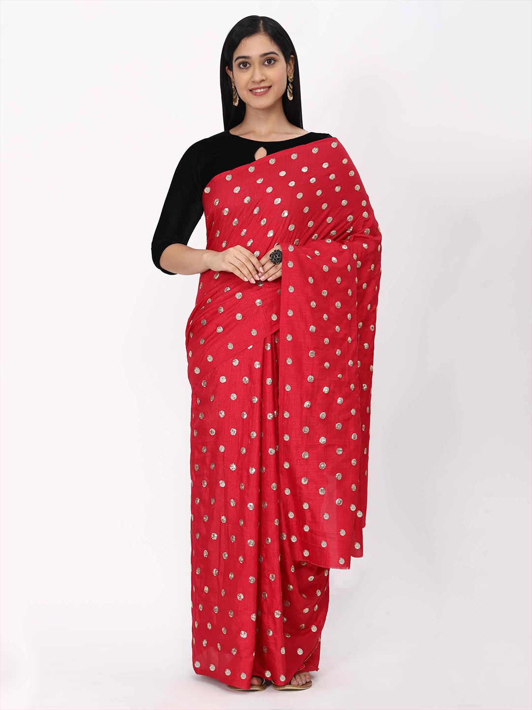 

KALINI Red & Gold-Toned Embellished Sequinned Silk Blend Khadi Saree