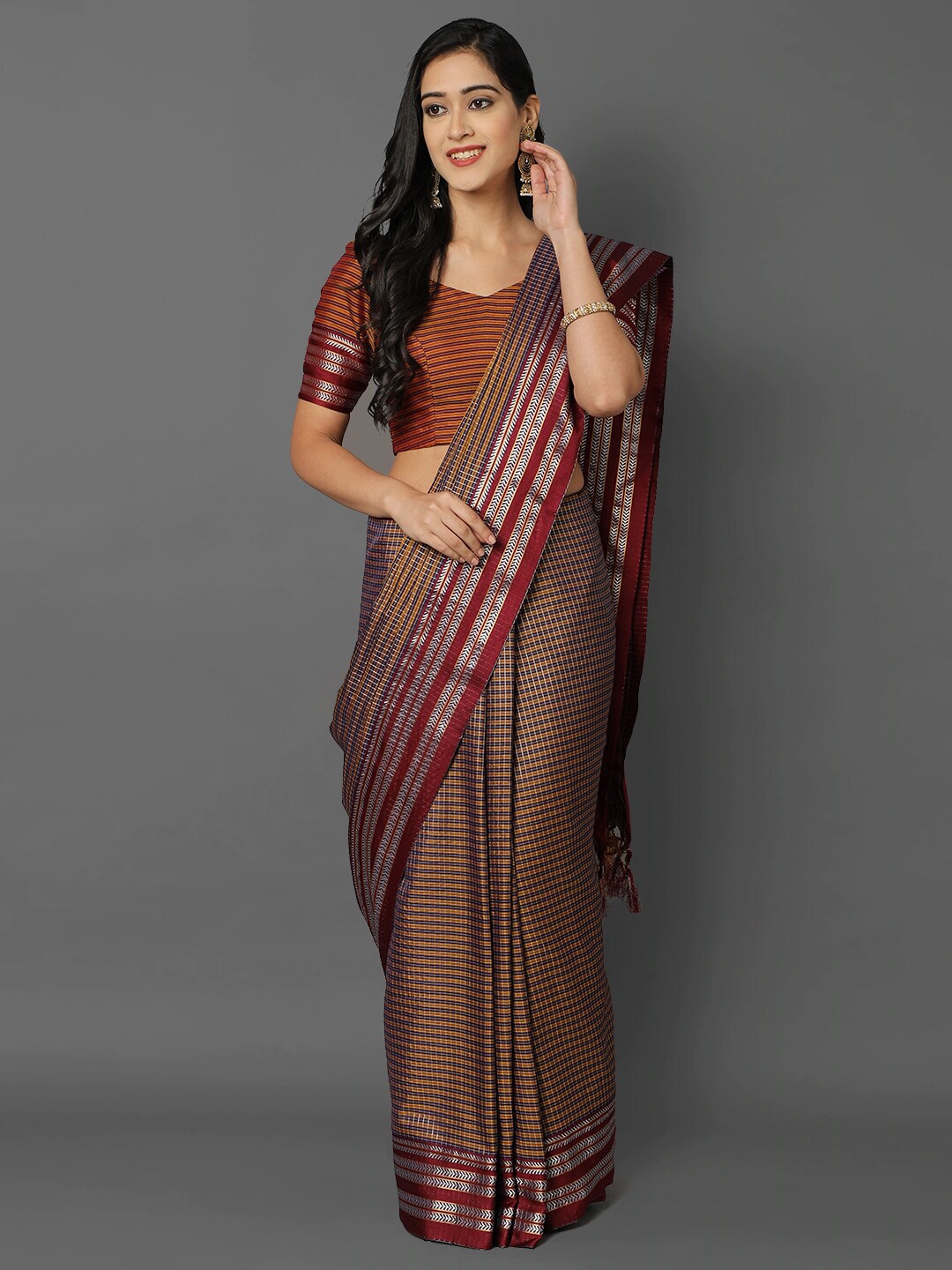 

KALINI Coffee Brown & Gold Checked Ikat Saree