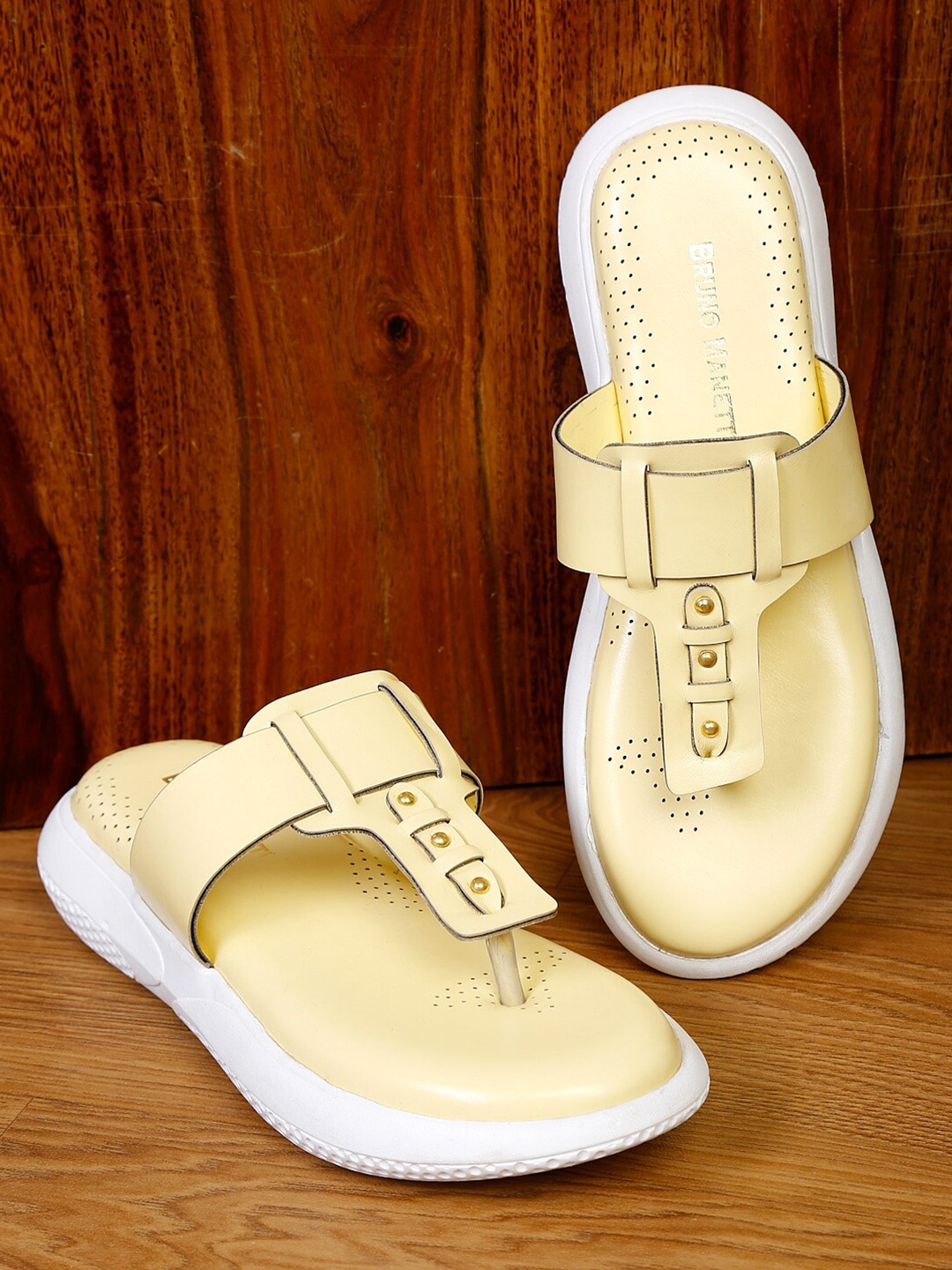 

Bruno Manetti Women Yellow & White T-Strap Flats