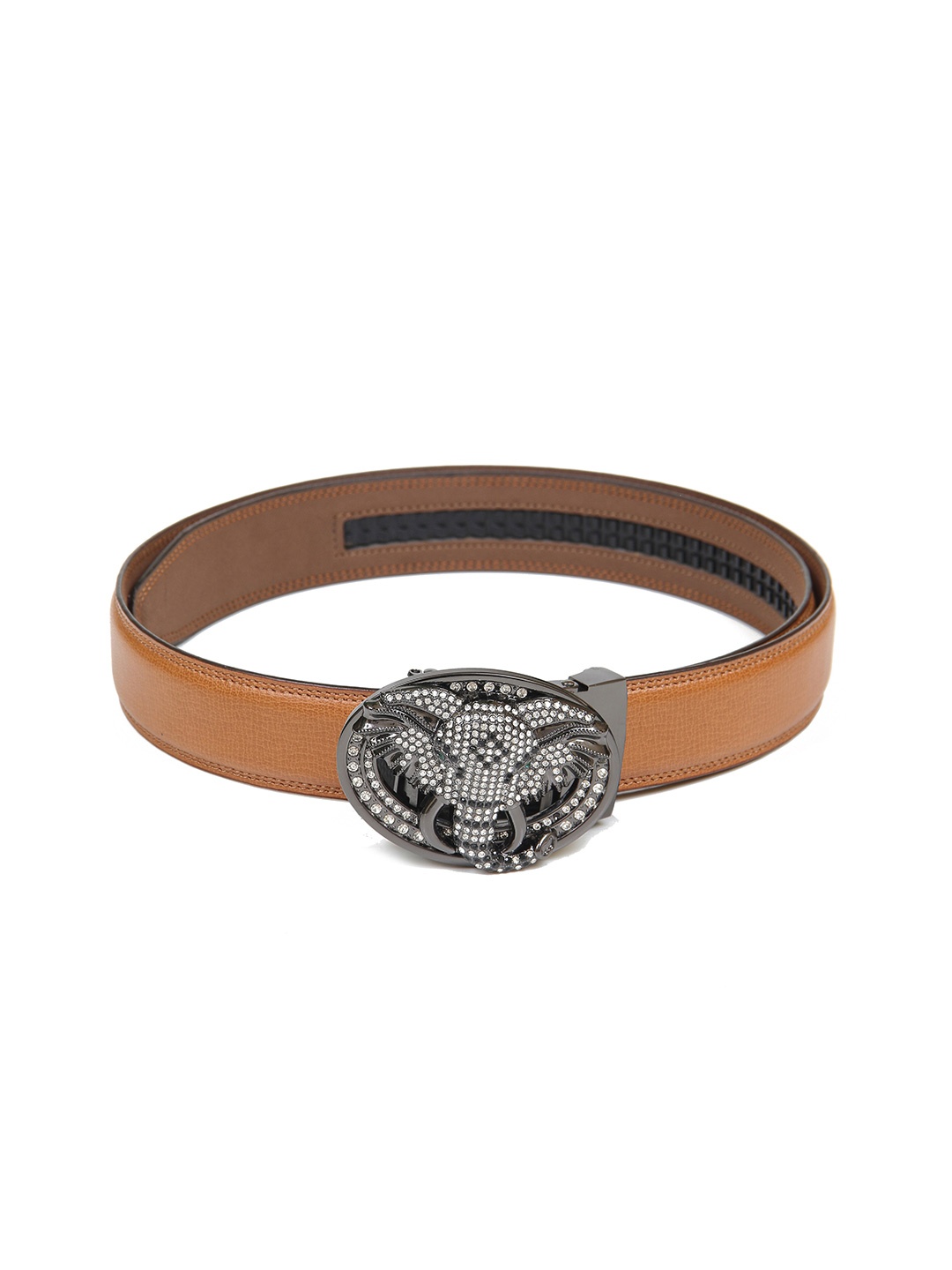 

Calvadoss Men Tan & Silver-Toned Textured No Holes PU Belt