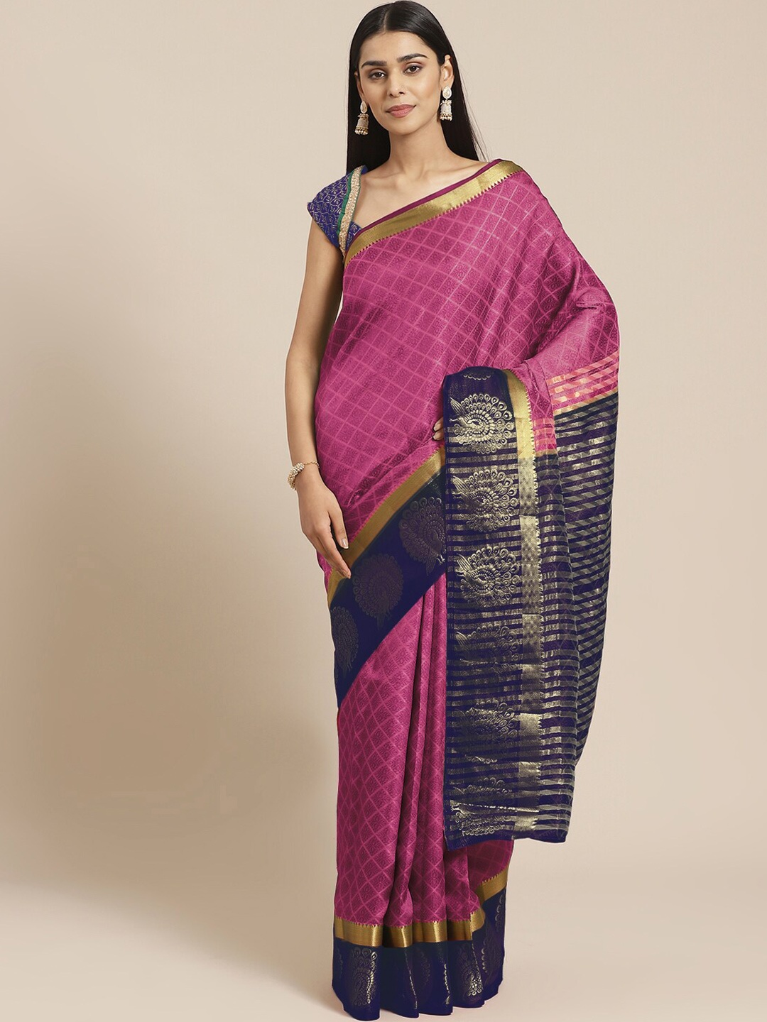 

Chhabra 555 Magenta & Navy Blue Ethnic Motifs Zari Silk Cotton Chanderi Saree