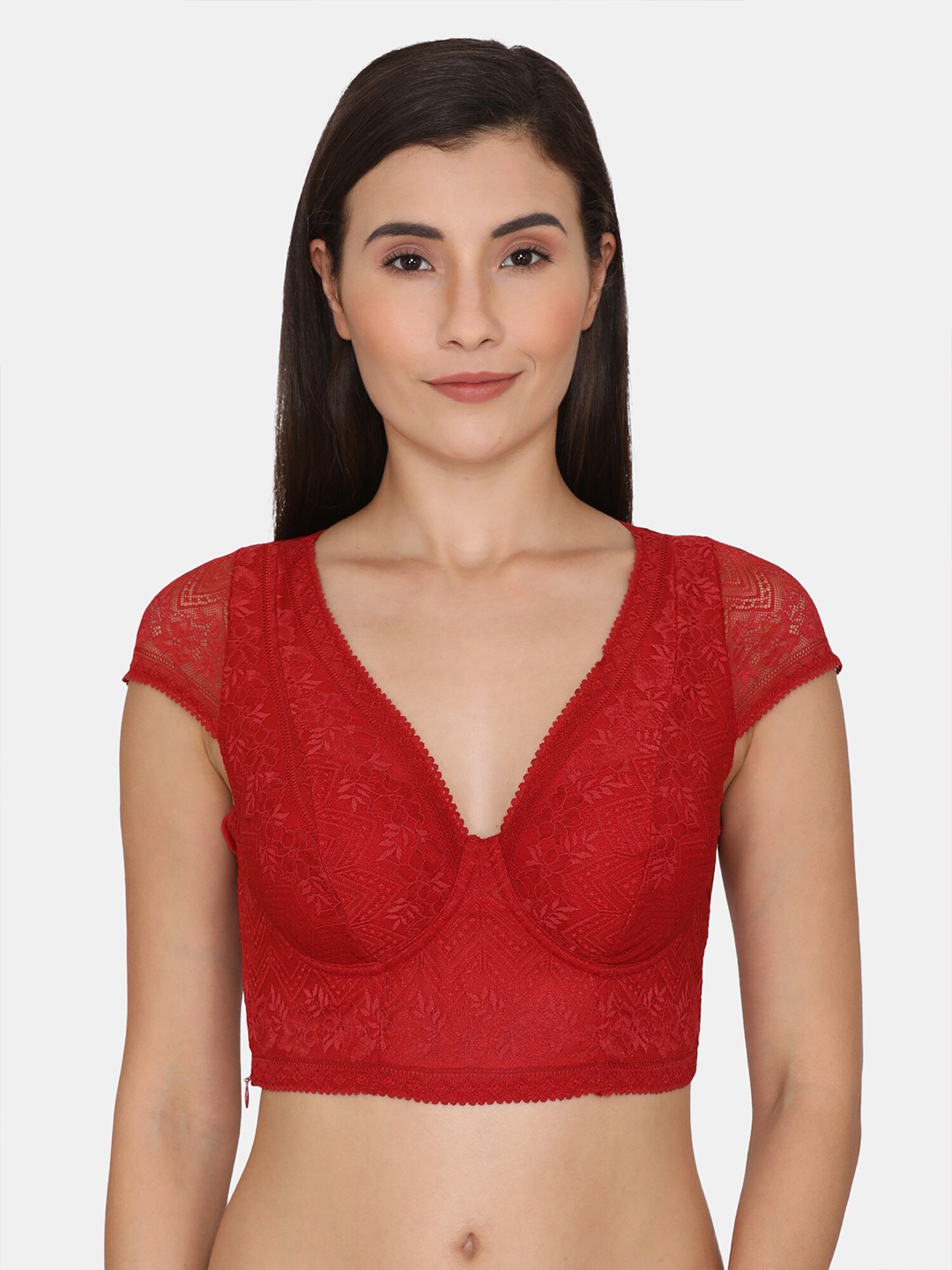 

Zivame Red Floral Underwired Lightly Padded Styled Back Everyday Lace Bra