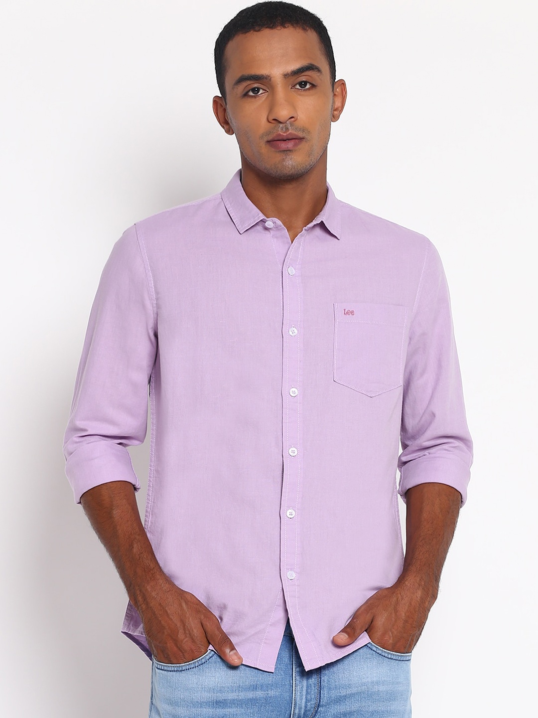 

Lee Men Lavender Classic Slim Fit Cotton Linen Casual Shirt