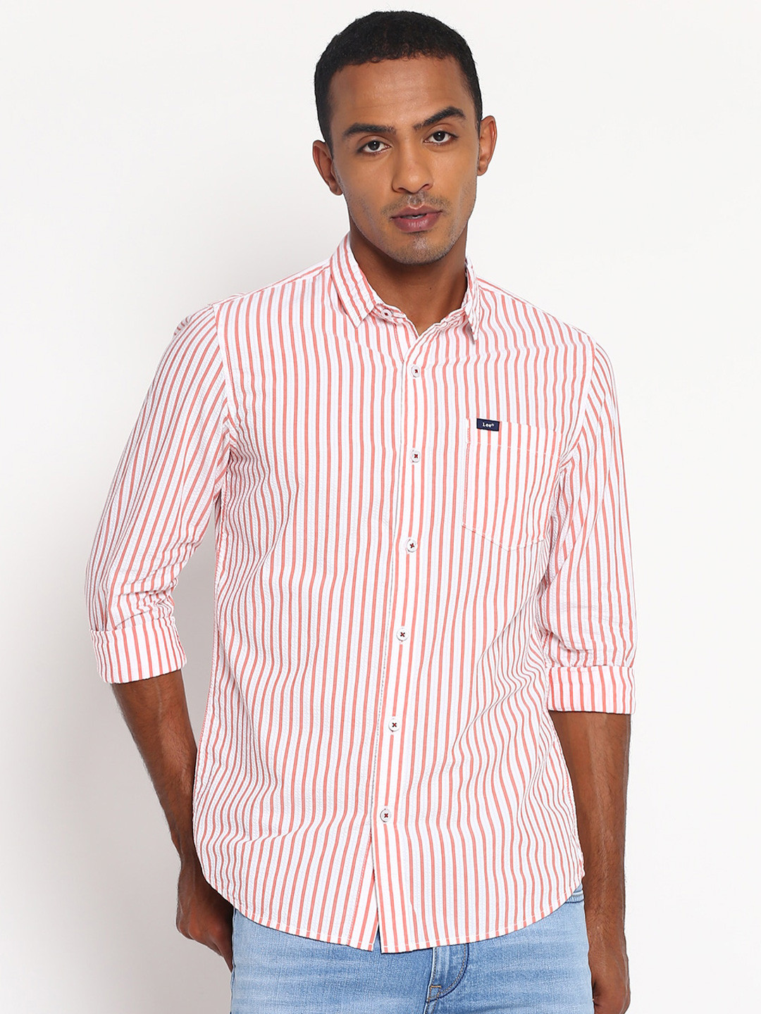

Lee Men Orange & White Classic Slim Fit Striped Casual Shirt
