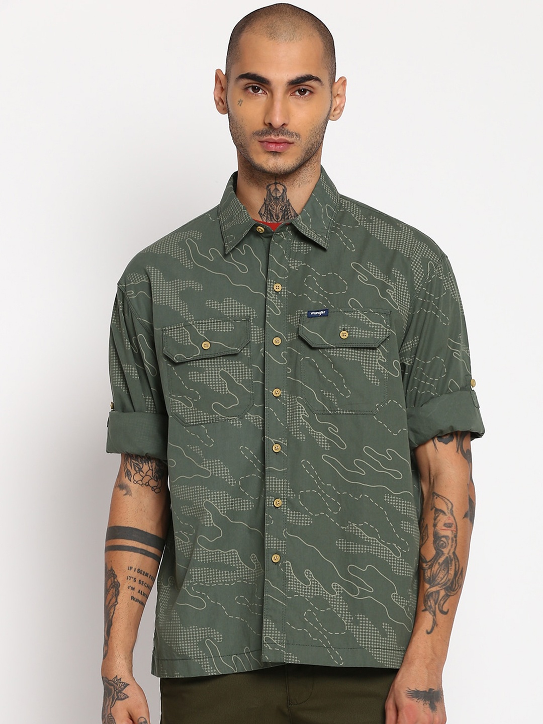 

Wrangler Men Olive Green Classic Camouflage Printed Cotton Casual Shirt