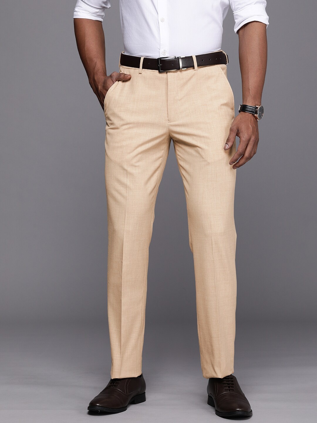

Louis Philippe Men Beige Solid Slim Fit Mid-Rise Formal Trousers