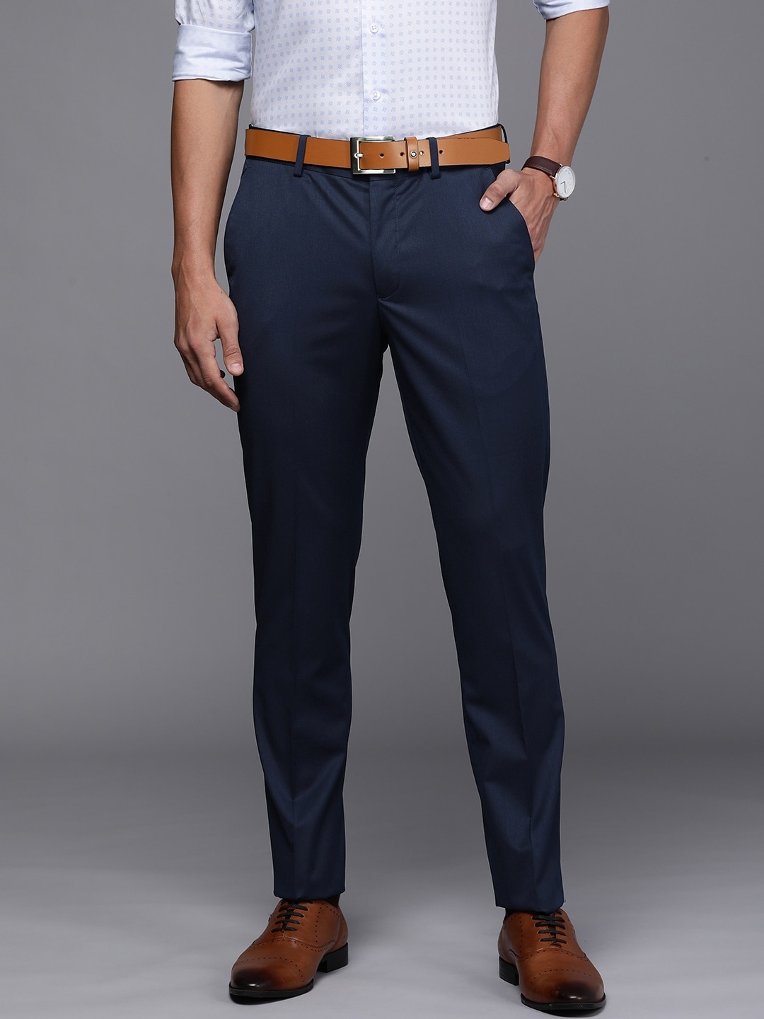 

Louis Philippe Men Navy Blue Textured Slim Fit Trousers