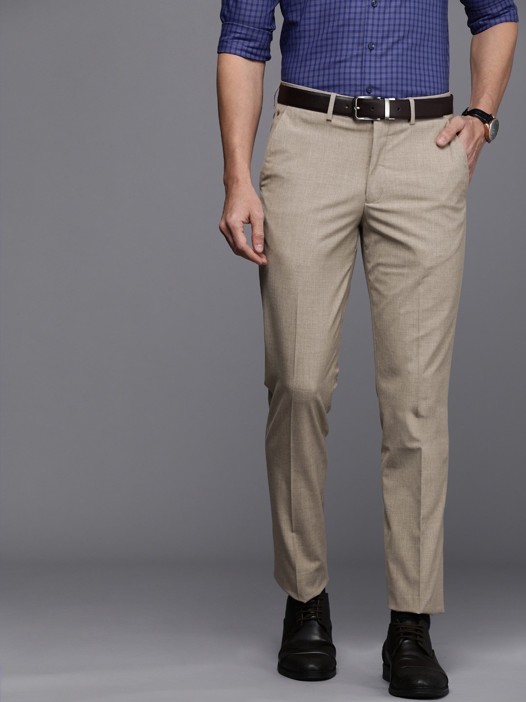 

Louis Philippe Men Beige Solid Slim Fit Mid-Rise Formal Trousers