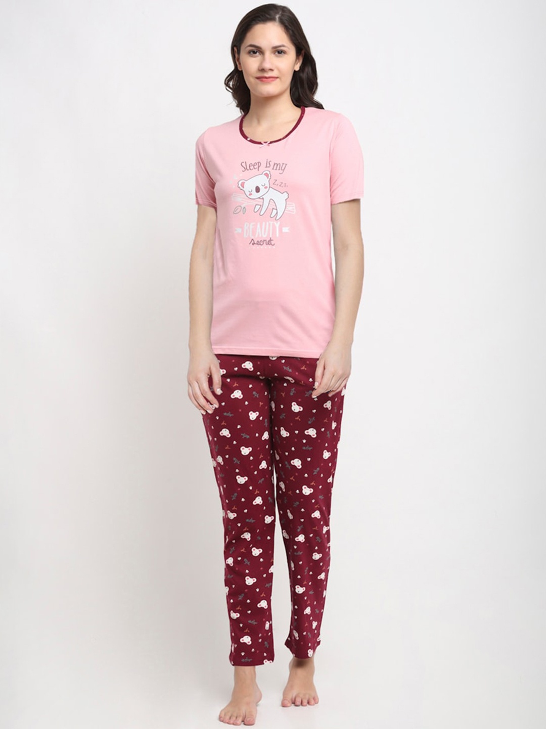 

Kanvin Women Pink & Maroon Printed Pure Cotton Night suit