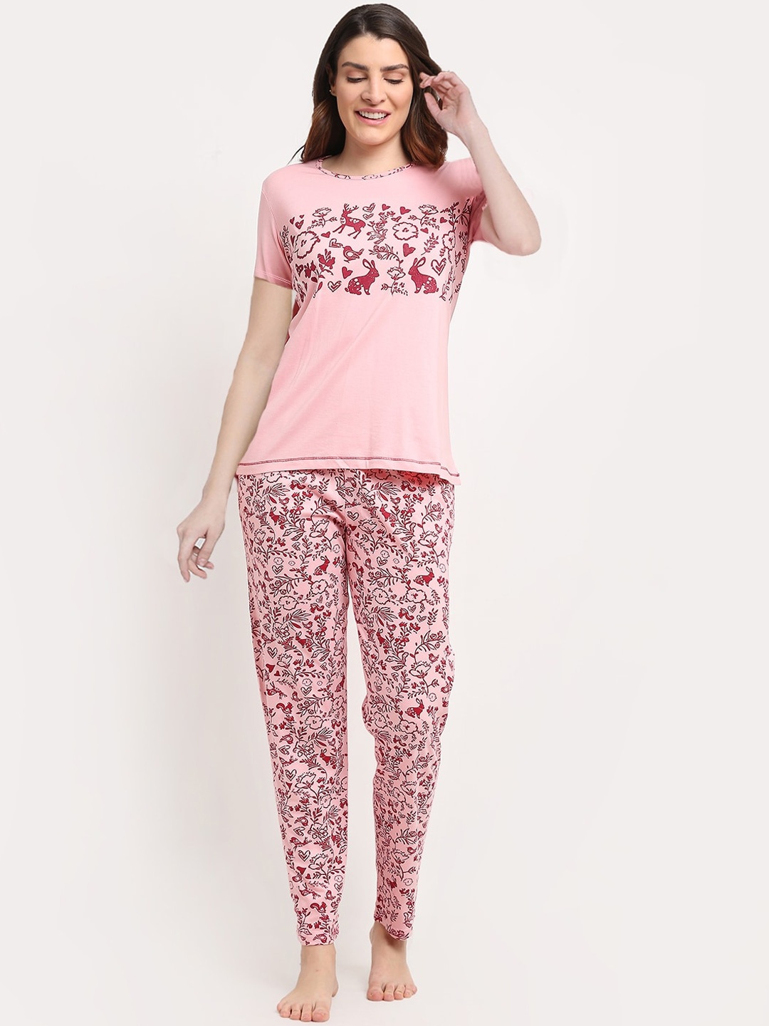 

Kanvin Women Pink & Red Printed Pure Cotton Night suit